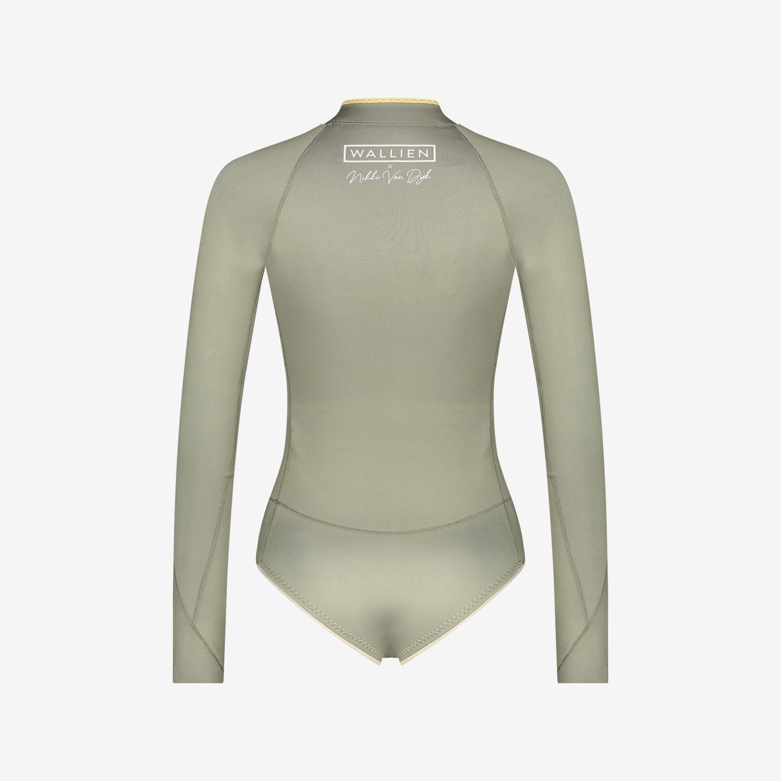 Beige WALLIEN springsuit with zip-back design and “Made You Look” print, for surfing and watersports, on white background