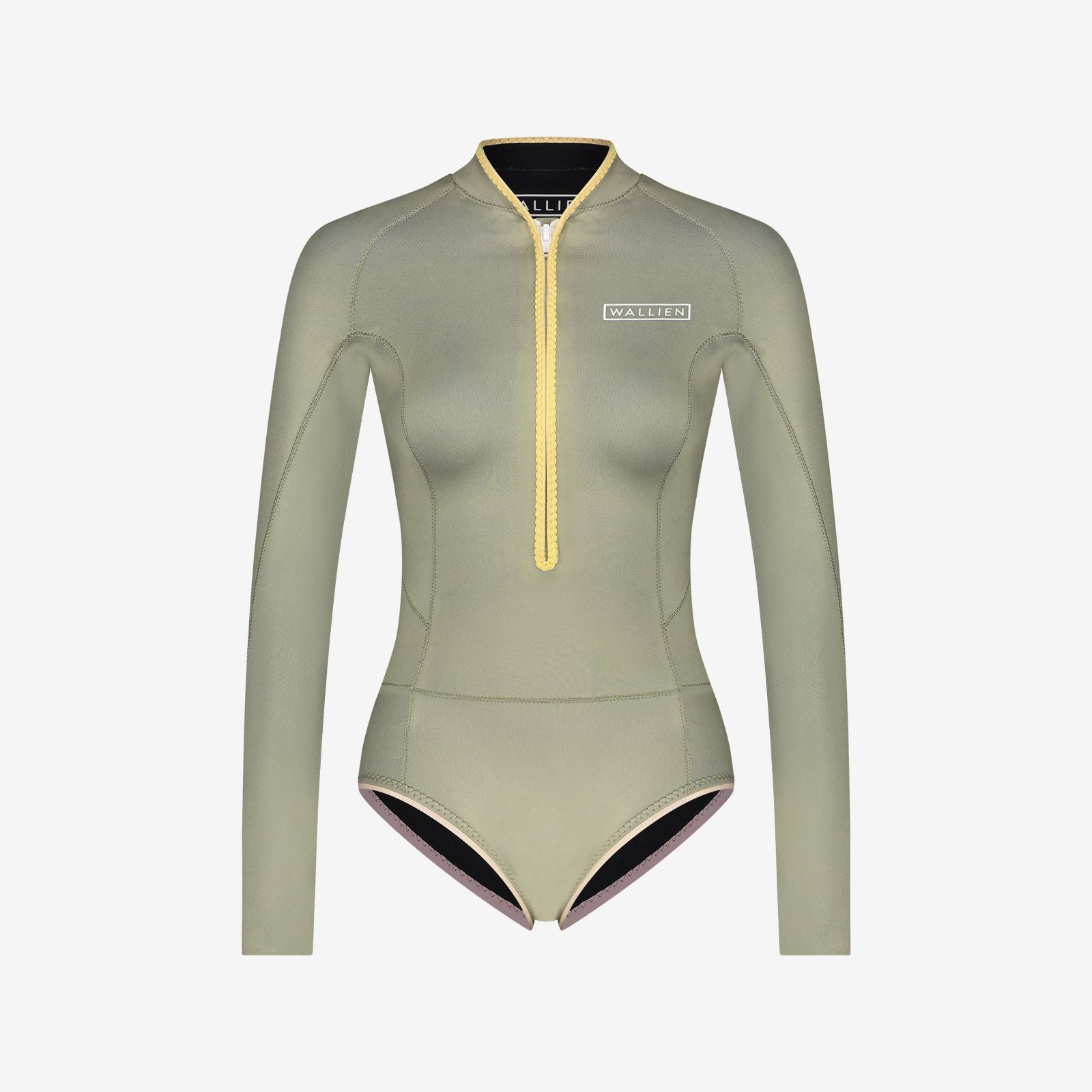 Beige-tone Niki Van Dijk springsuit wetsuit with yellow zip and WALLIEN logo, designed for water sports on white background.
