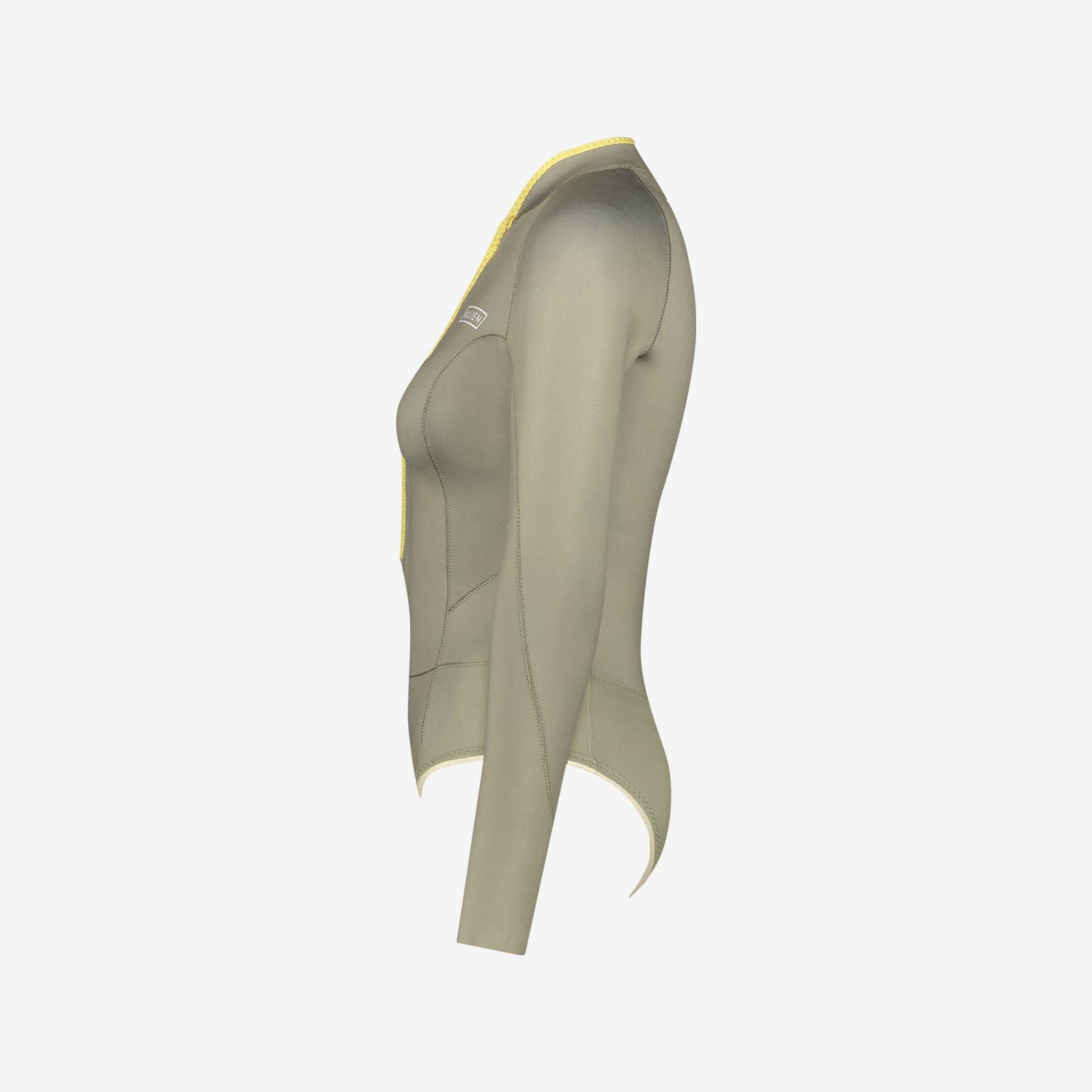 Side view of beige wetsuit with seam details and subtle WALLIEN branding, for women’s water sports, on white background