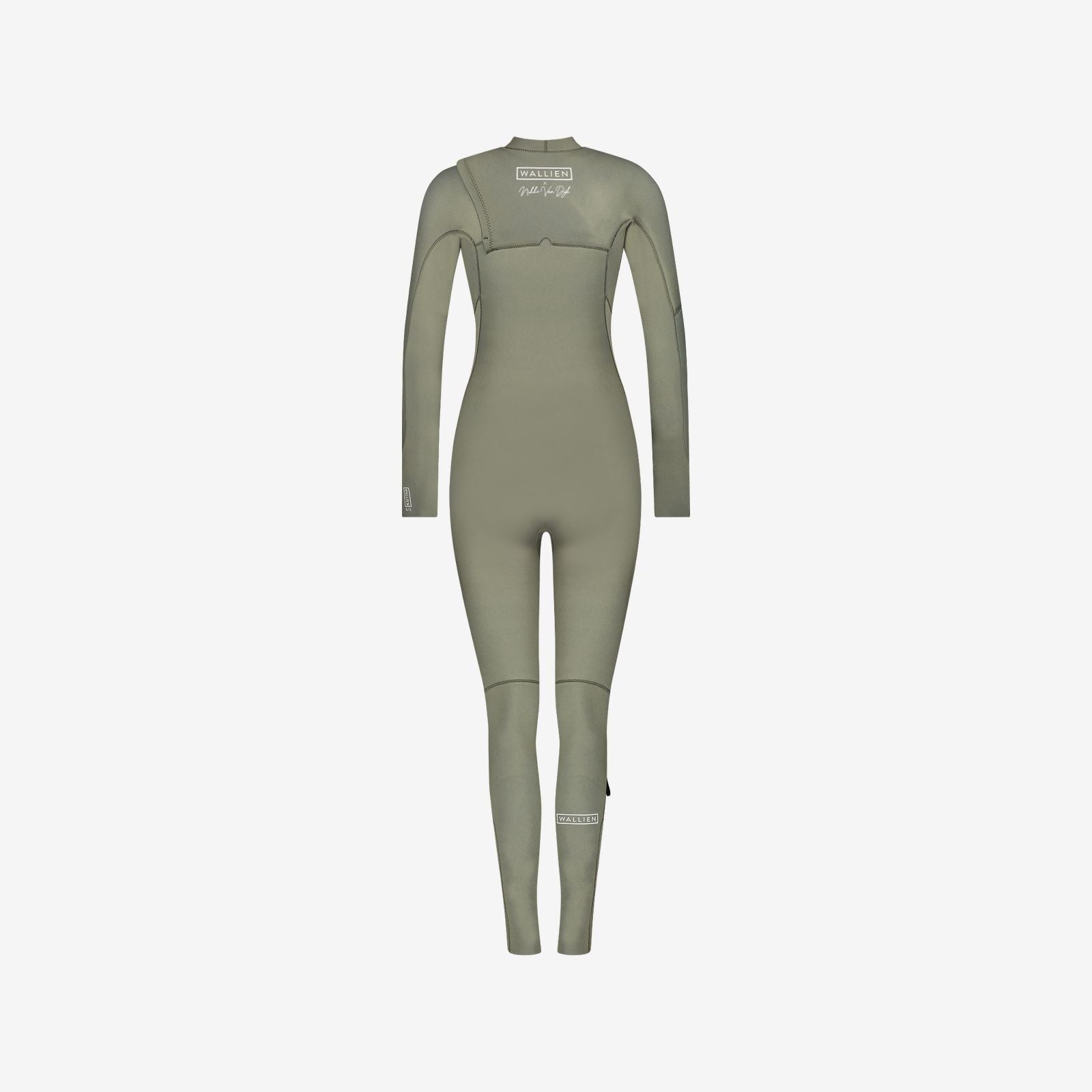 Back of beige 4/3 & 3/2mm WALLIEN wetsuit with logo and seamless panels, designed for active watersports, on white background