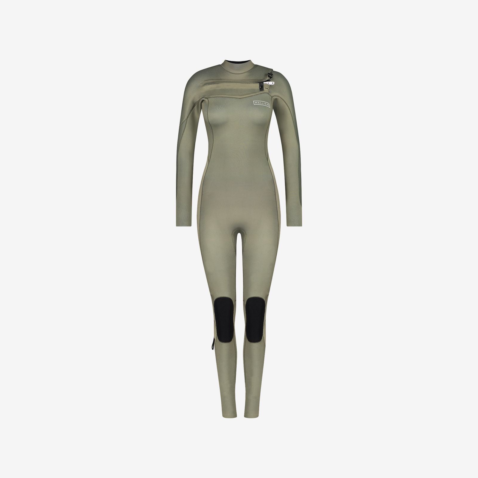 Beige WALLIEN Full Wetsuit 4/3 Moon with chest zip and black knee panels on white background