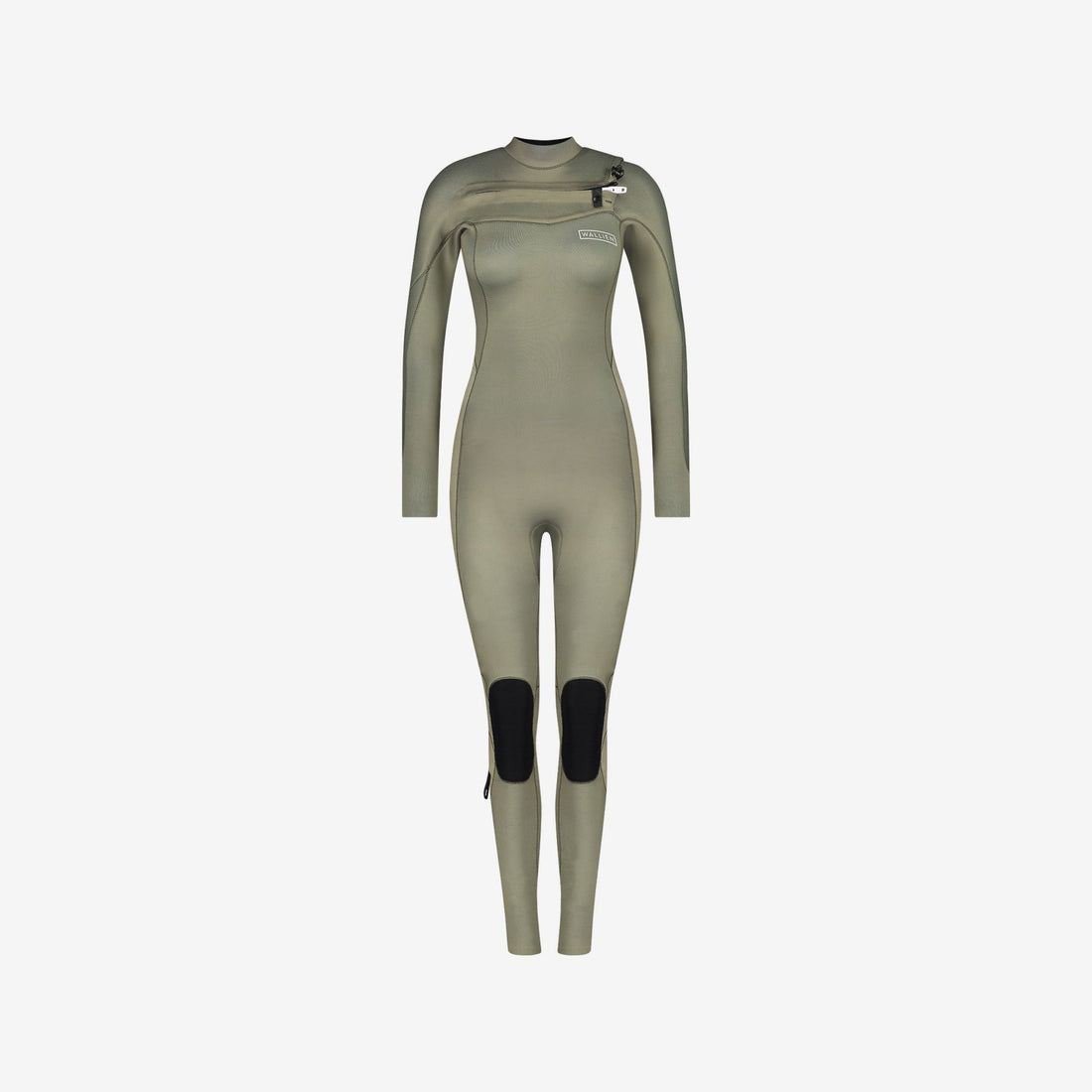 Beige 4/3 & 3/2mm women's wetsuit with chest zip, black knee panels and WALLIEN branding, for watersports on white background