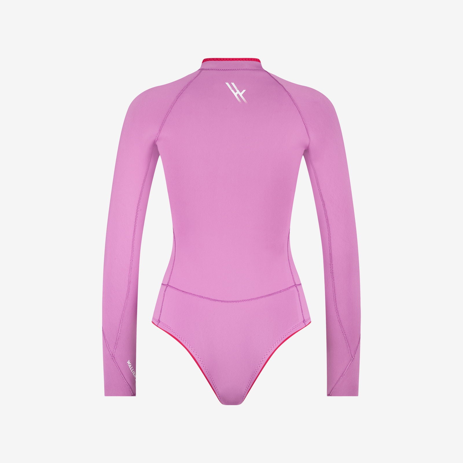 Back view of pink WALLIEN Horizonia Yulex® springsuit with white back logo and contoured stitching, on white background