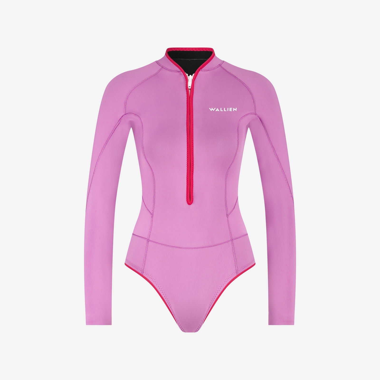 Pink WALLIEN Horizonia Yulex® springsuit wetsuit with contrasting red zipper and ergonomic stitching, on white background