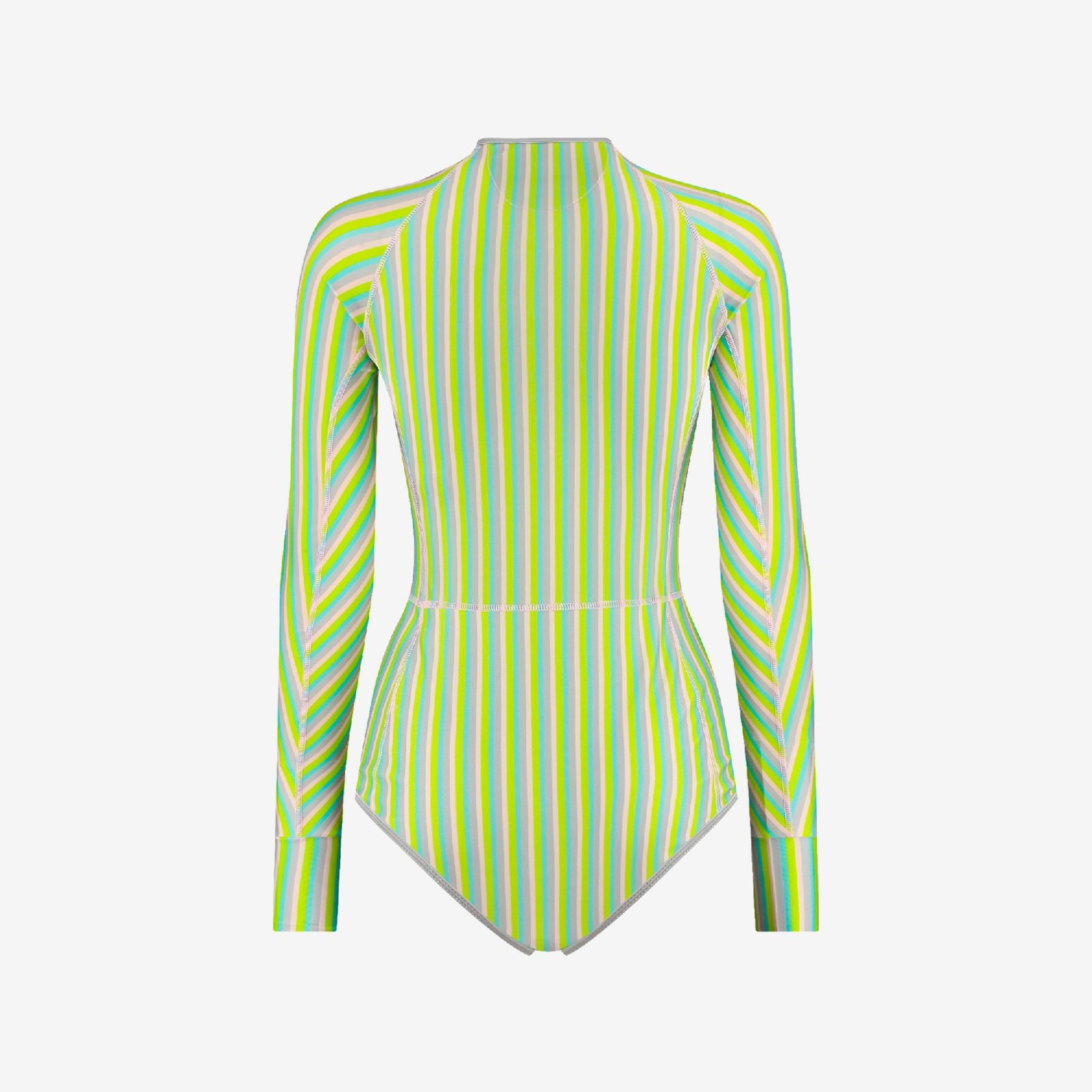 Back view of multicolor stripe WALLIEN one-piece swimsuit with ergonomic paneling and seamless design, on a white background