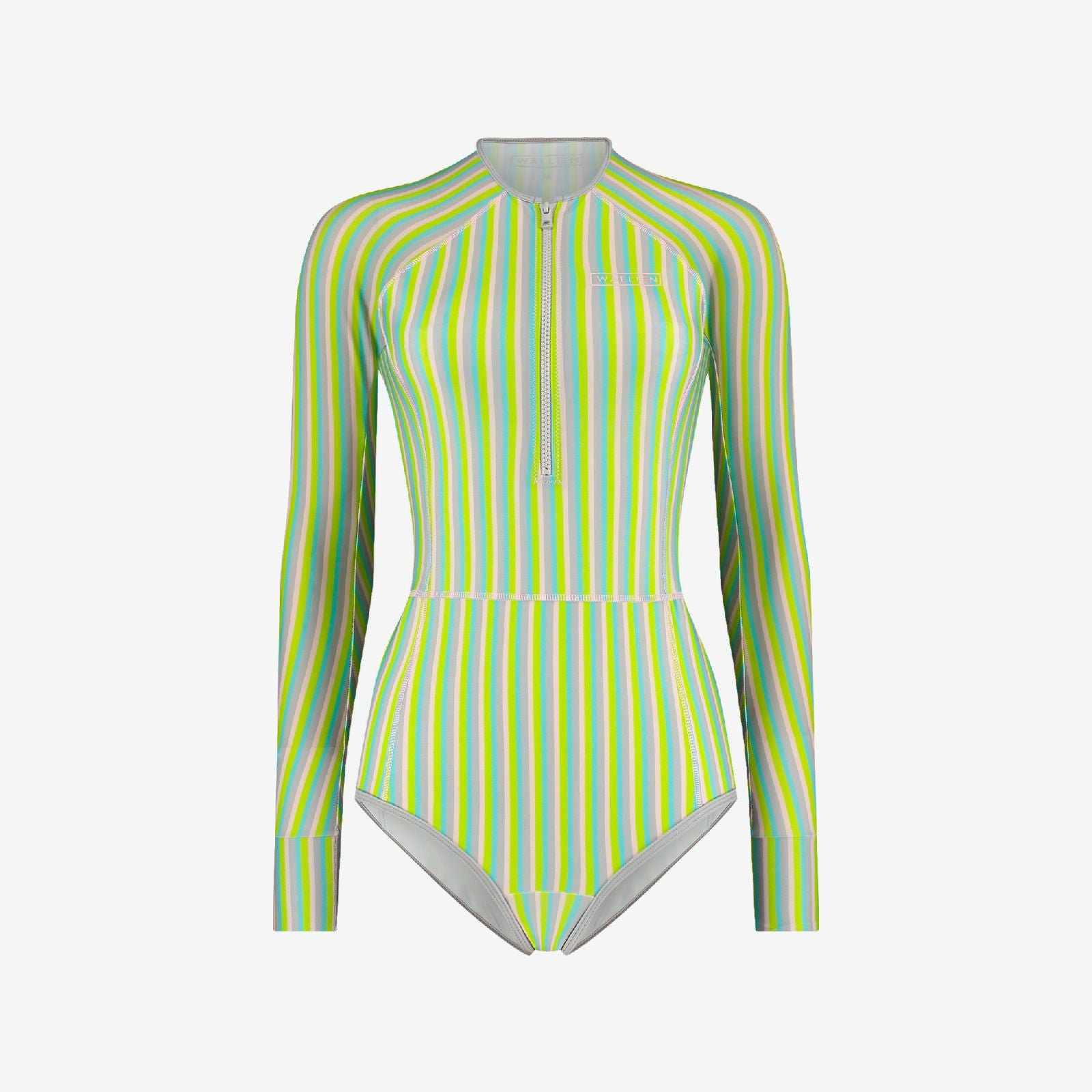 One Piece multicolor stripe Longsleeve swimsuit with front zip and contour seams, WALLIEN branding, on a white background