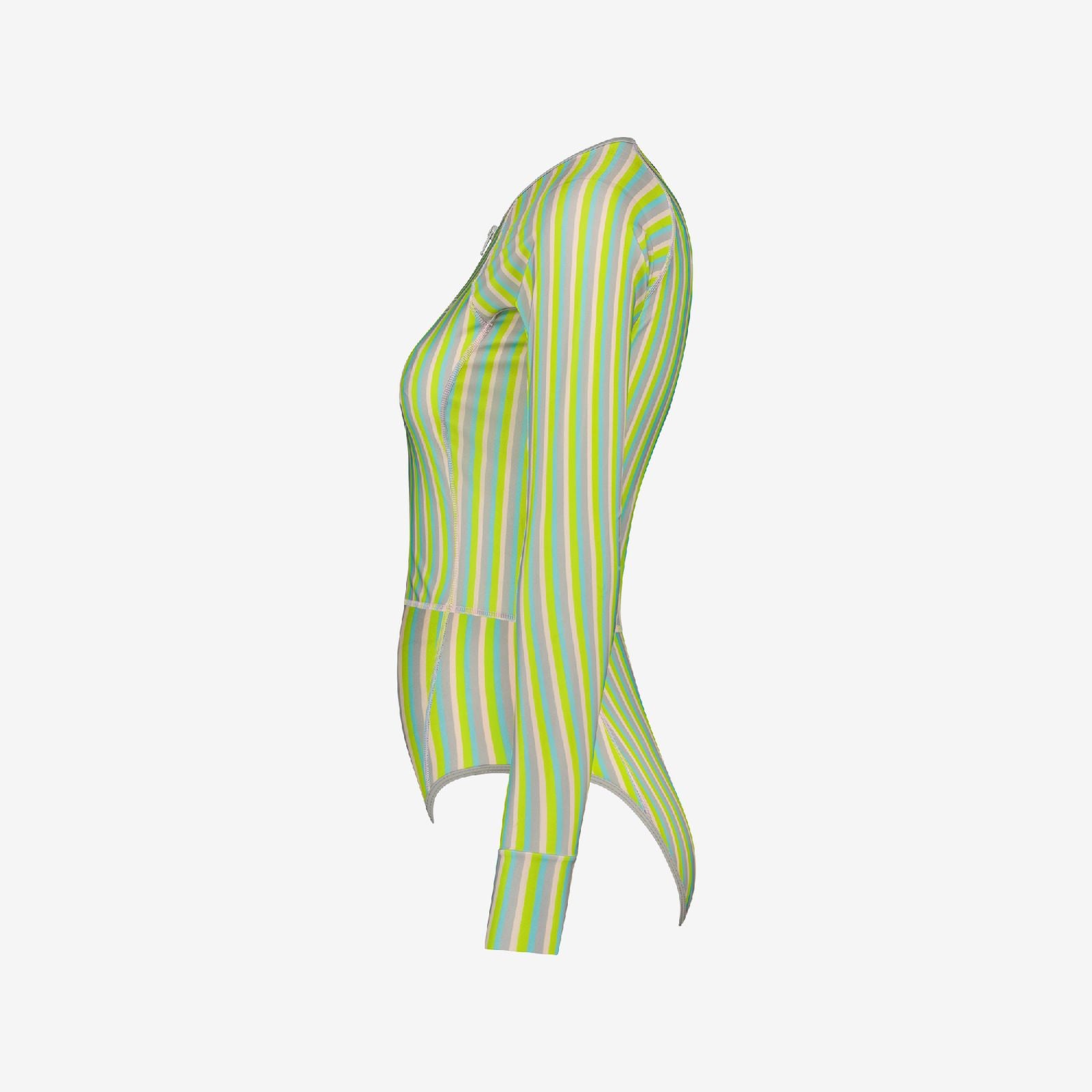 Side view of multicolor stripe long sleeve swimsuit with curved stitching and eco-friendly material, on a white background