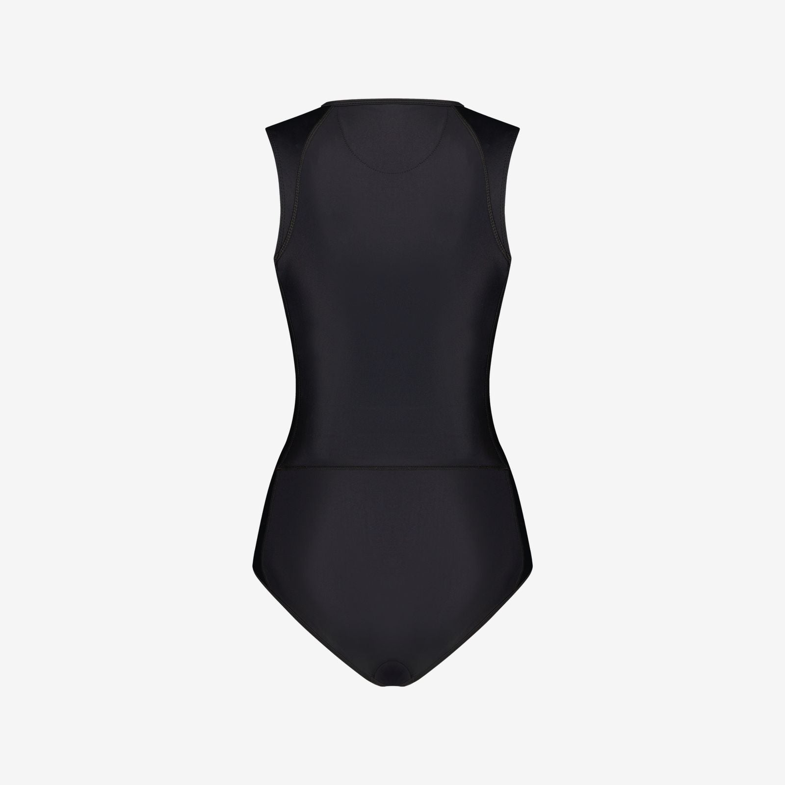 Back view of black full-coverage one-piece swimsuit showing tailored fit and minimal seams, on a white background