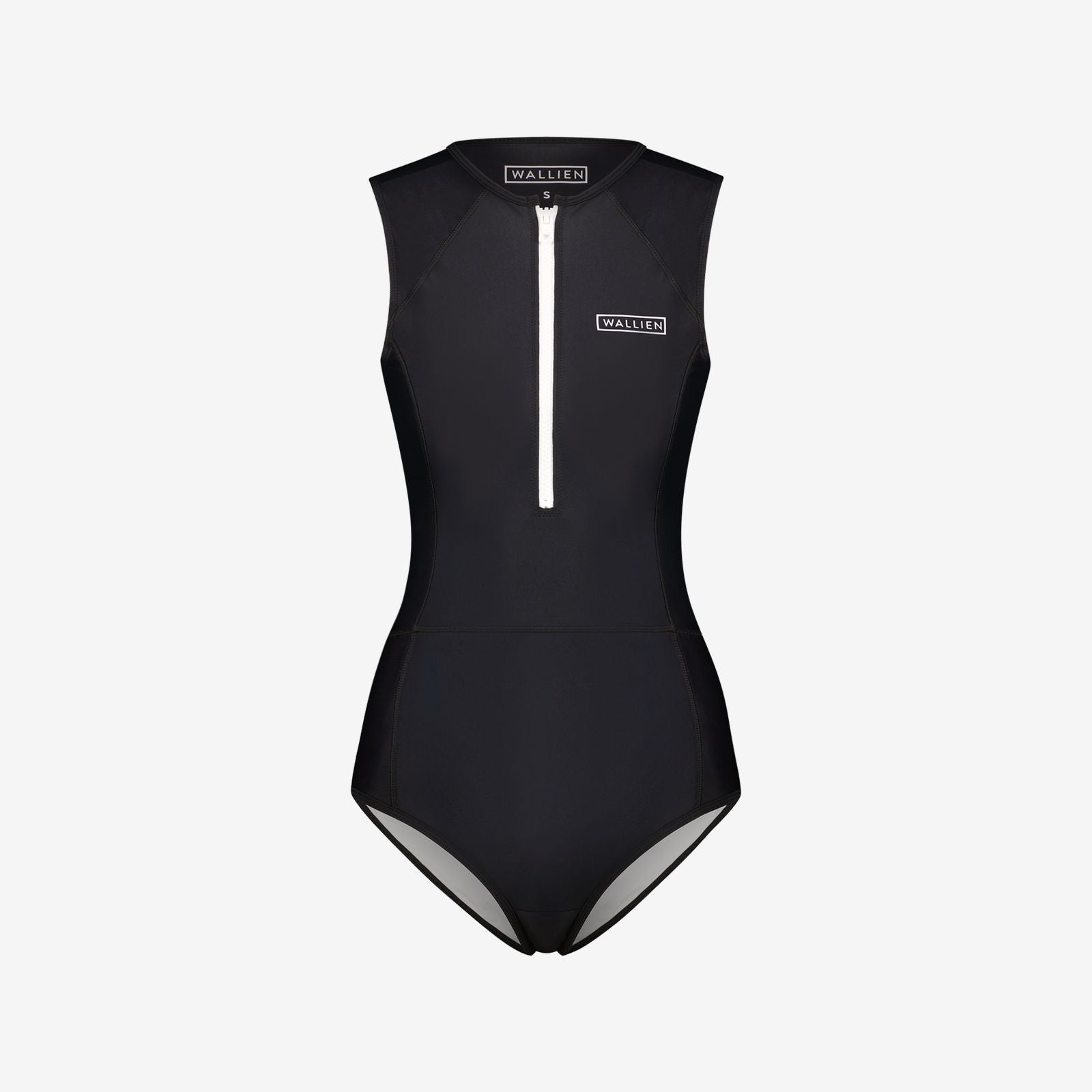 Black one-piece swimsuit with white front zip and WALLIEN logo, designed for performance swimwear, on a white background