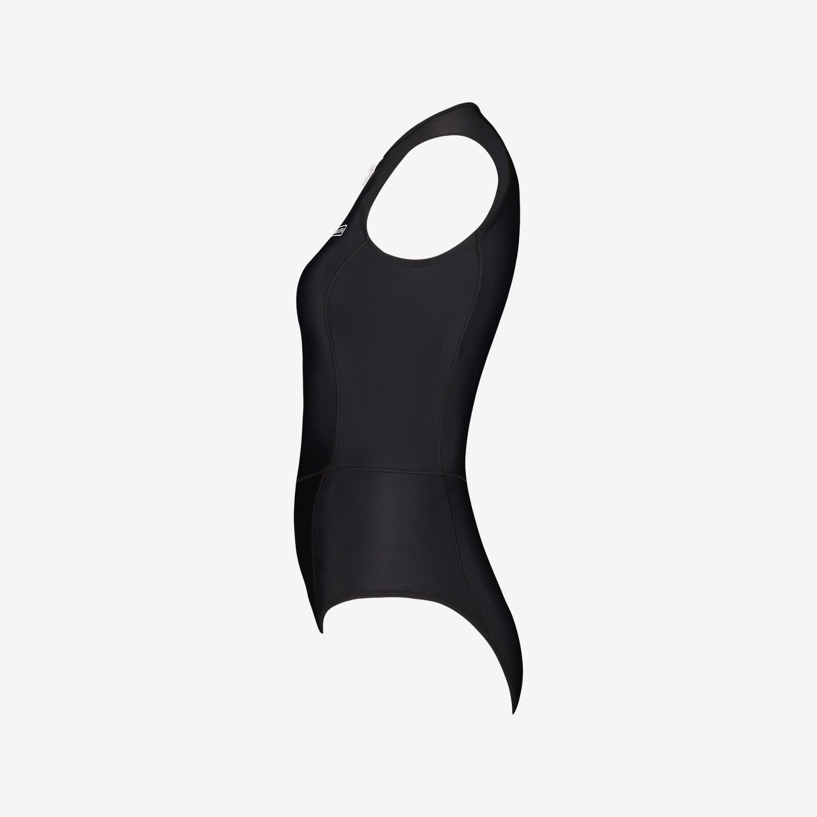 Side view of black one-piece performance swimsuit with sleek racerback cut and sculpted seams, on a white background