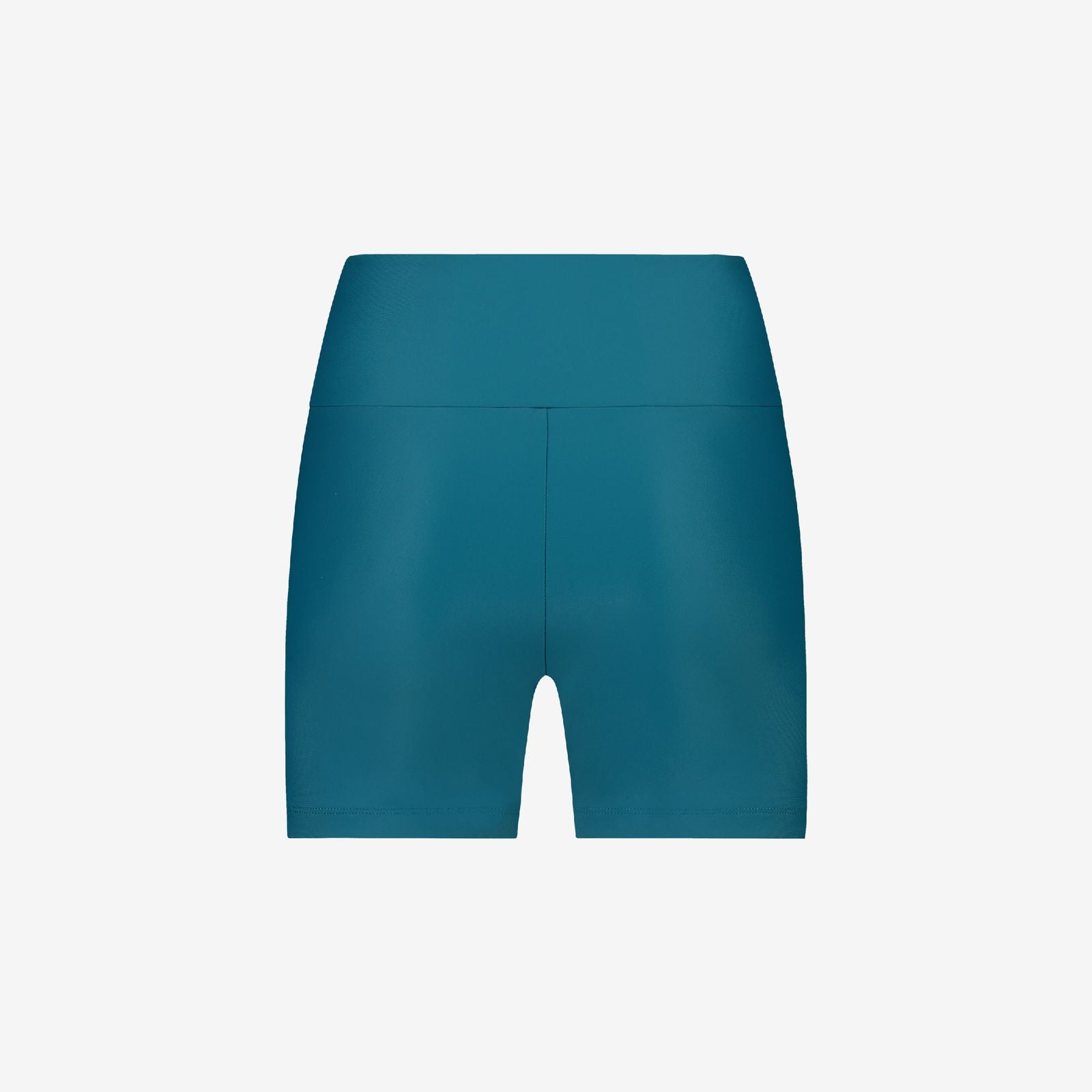 Back view of teal water sports shorts with clean seam finish and mid-thigh cut, designed for active use, on white background