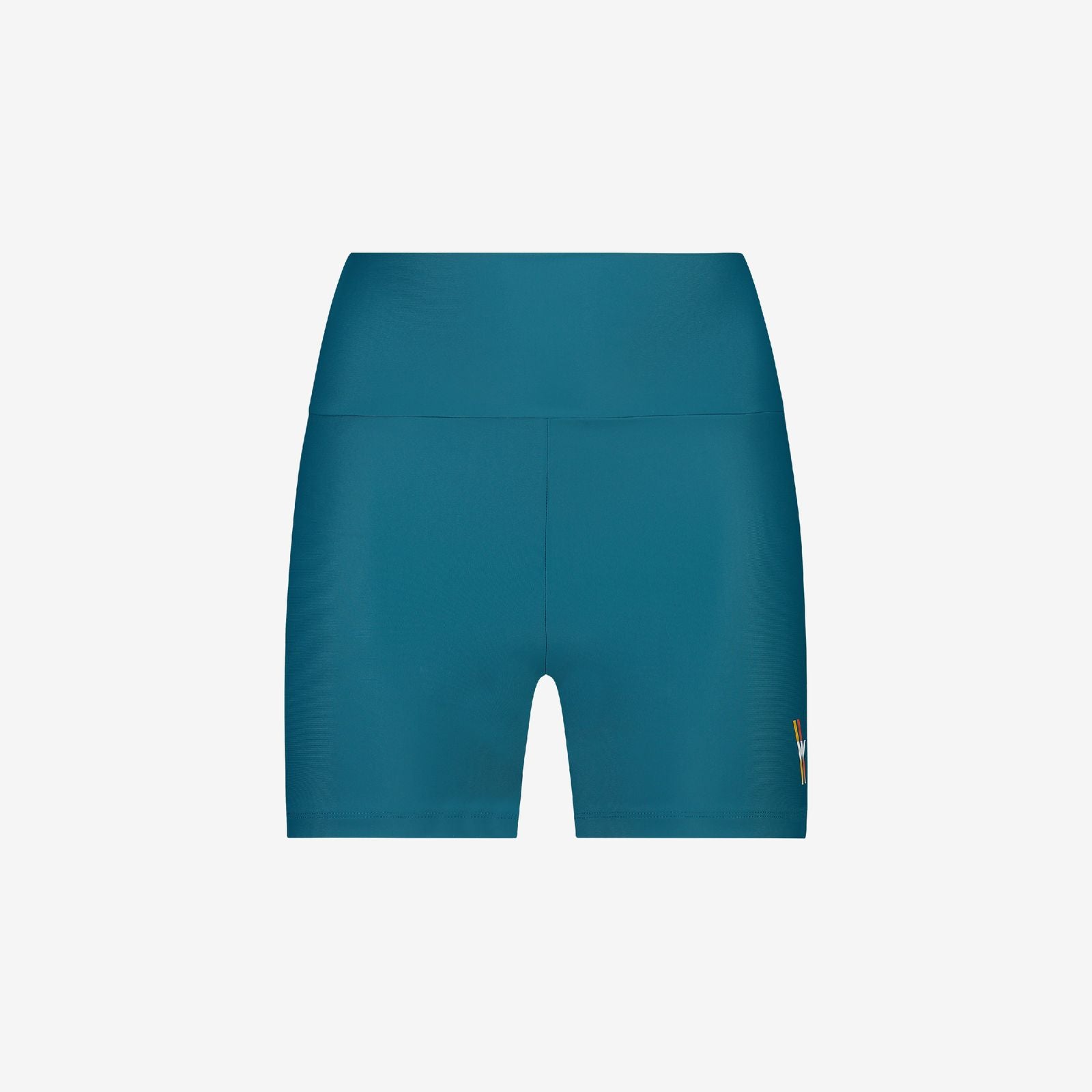 Teal performance sport shorts with mid-rise fit and smooth stretch waistband, ideal for water sports, on a white background