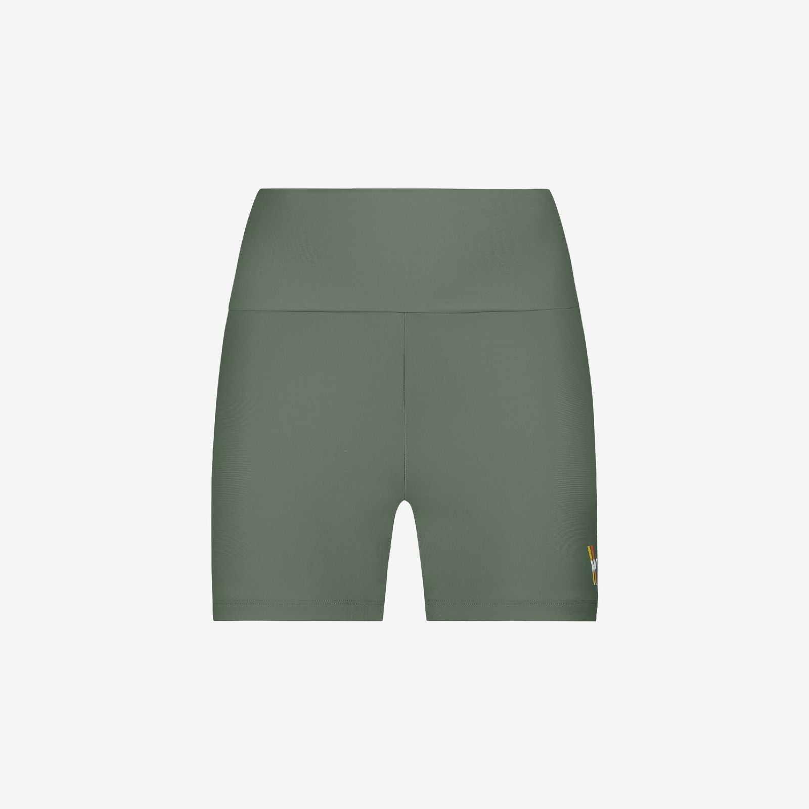 Green sport shorts with high waistband, smooth performance fabric, designed for women’s water sports, on white background
