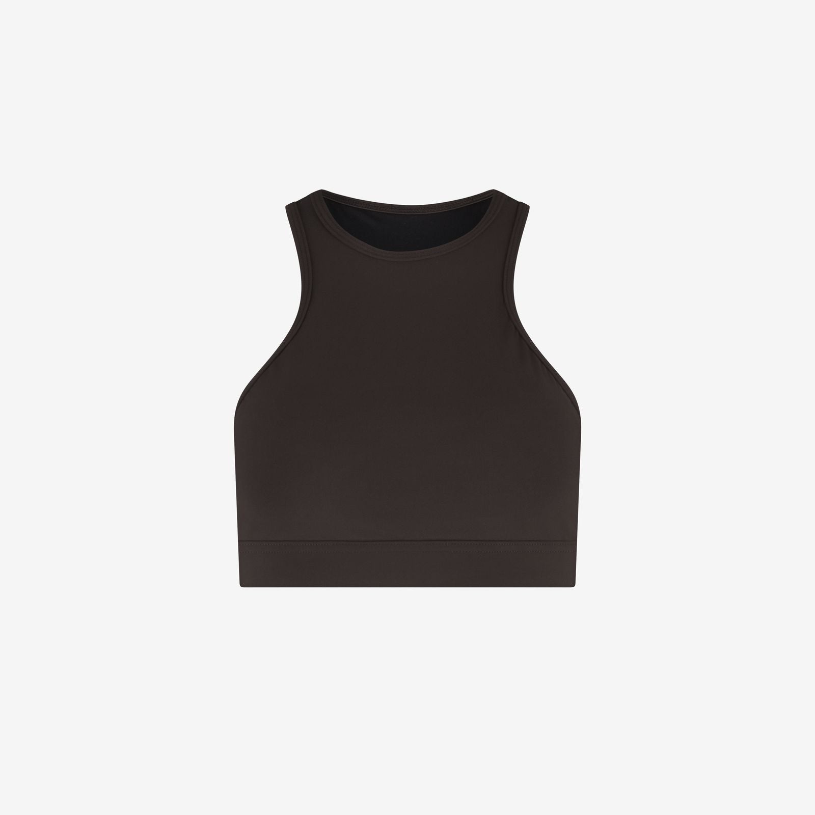 Coffee brown bikini top with racerfront neckline and sleek athletic fit, designed for swim performance, on white background
