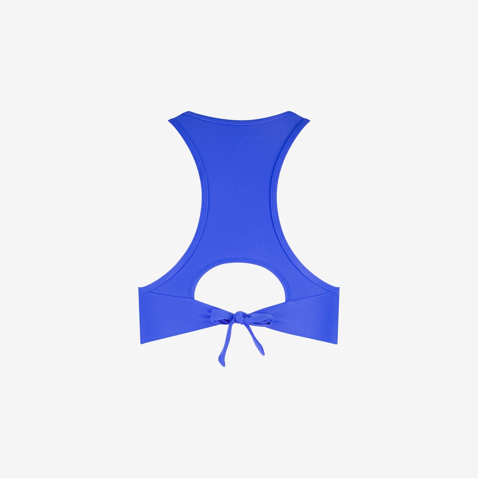 Back view of cobalt blue bikini top with cut-out racerback and tie closure, ideal for water sports, on a white background