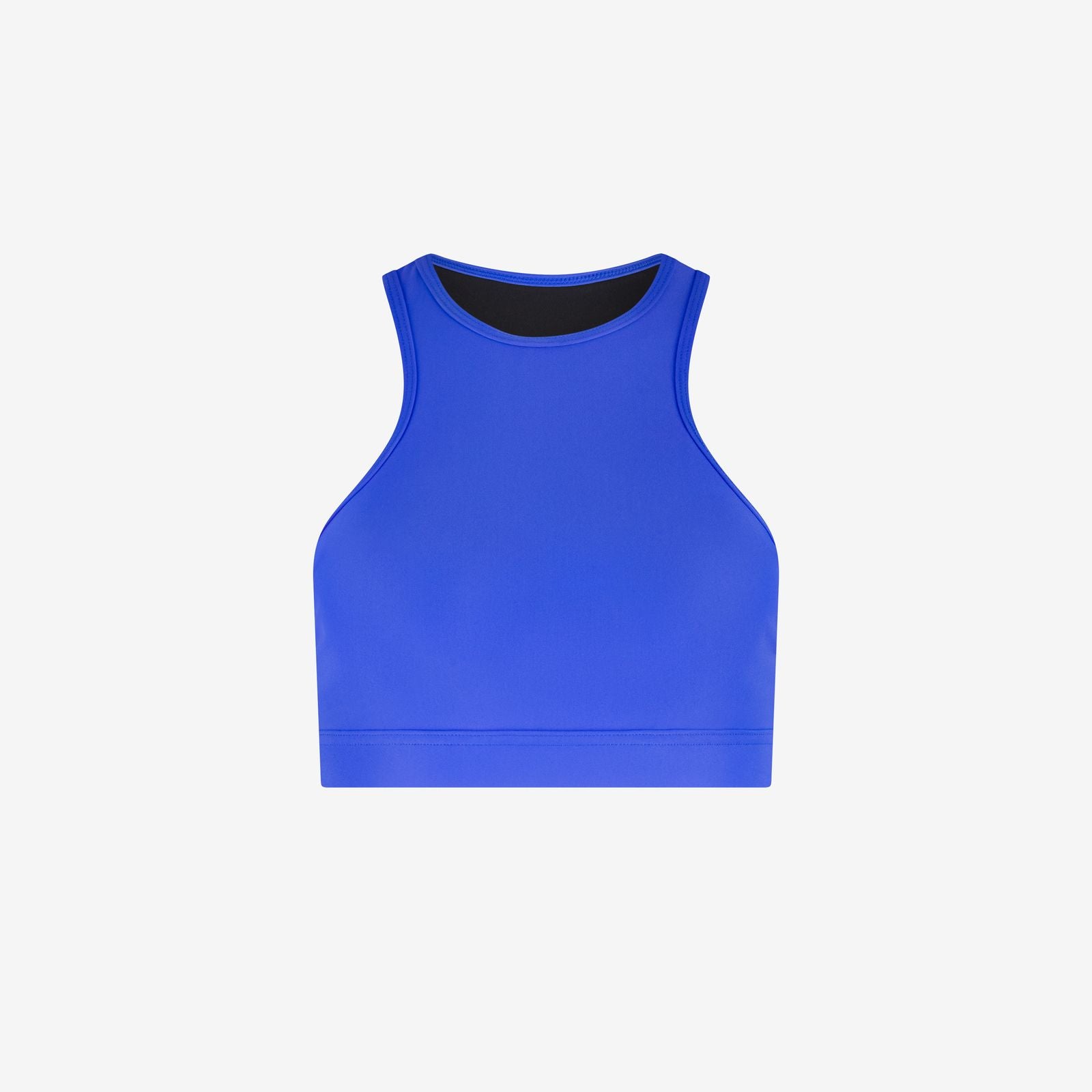 Cobalt blue racerfront bikini top with high neckline and sporty fit, made for active water use, on a white background