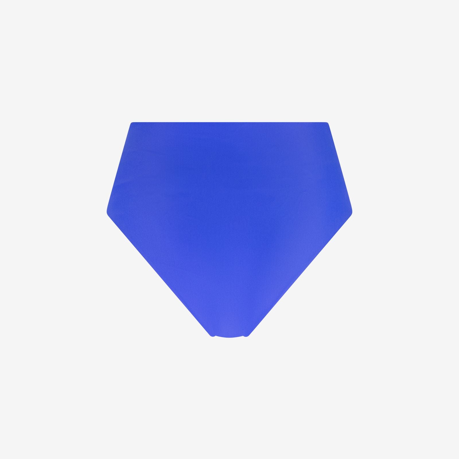 Back view of cobalt blue high-waisted bikini bottom with smooth stretch fabric, for active swimwear use, on white background