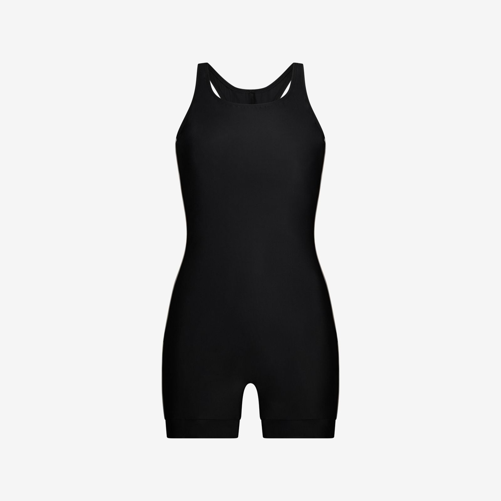 Black one-piece swimsuit with boyleg straps and clean seams, designed for women's performance swim, on a white background