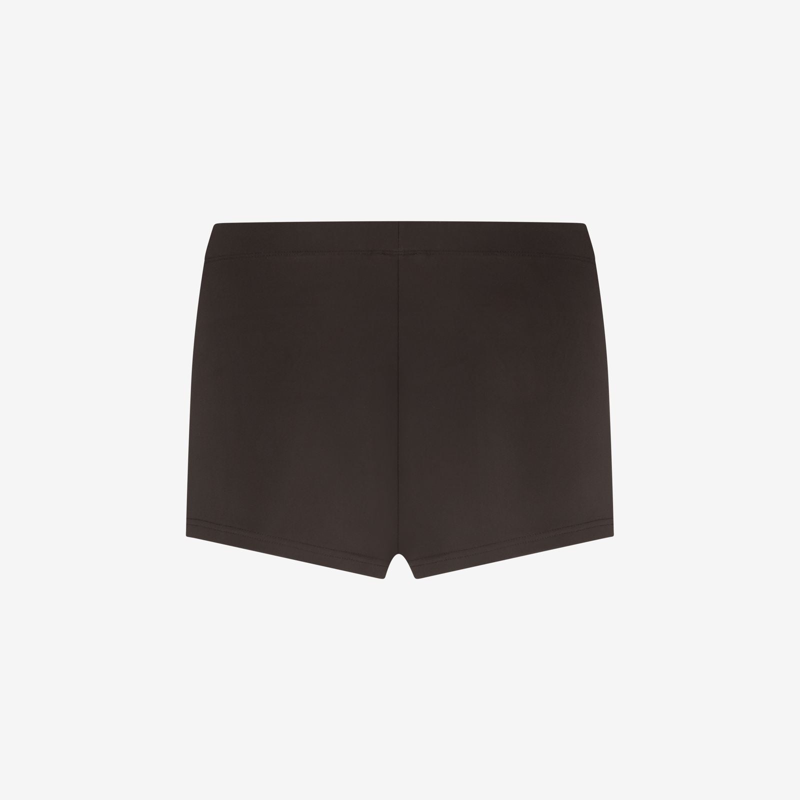 Back view of brown hot pant bikini bottom with mid-rise square cut and seamless back, WALLIEN swimwear on white background