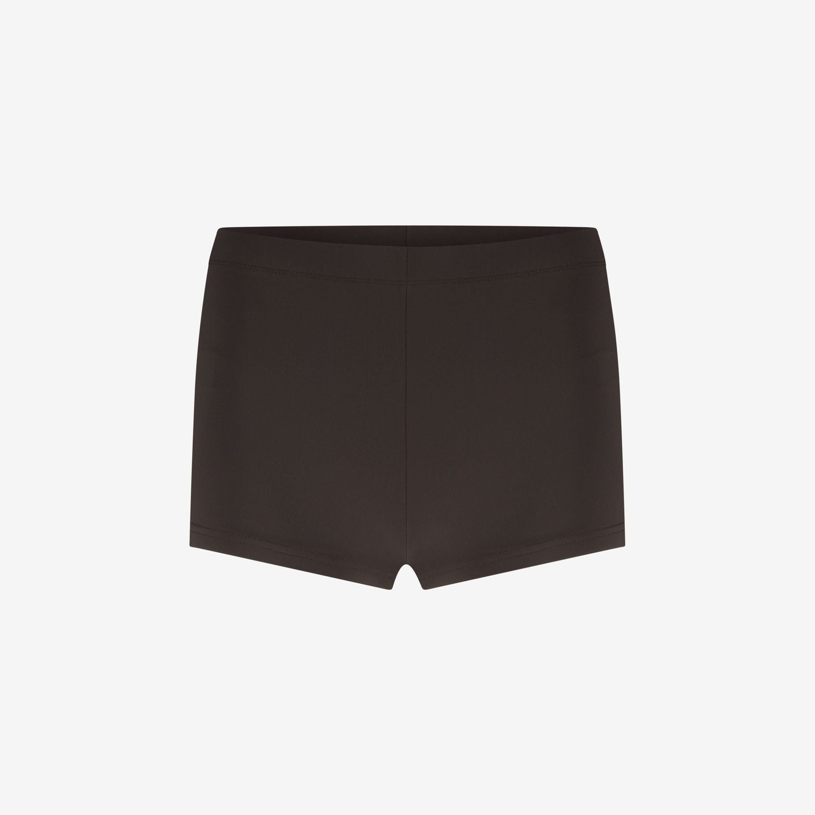 Coffee brown hot pant bikini bottom with minimalist seams and high-stretch fit, WALLIEN swimwear on a white background