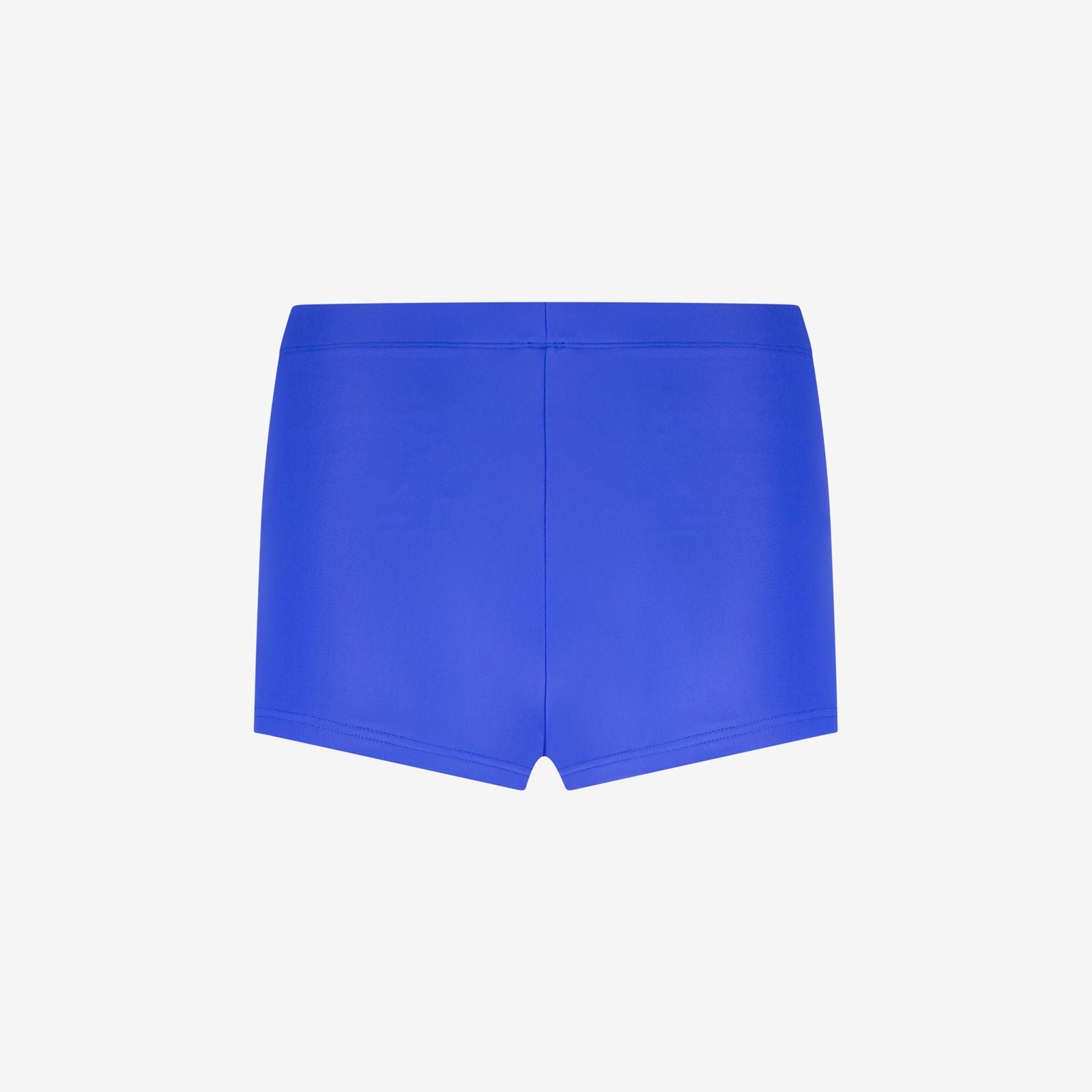 Rear view of cobalt blue women’s hot pant with smooth back panel and ergonomic fit, designed for surf and swim, on white background