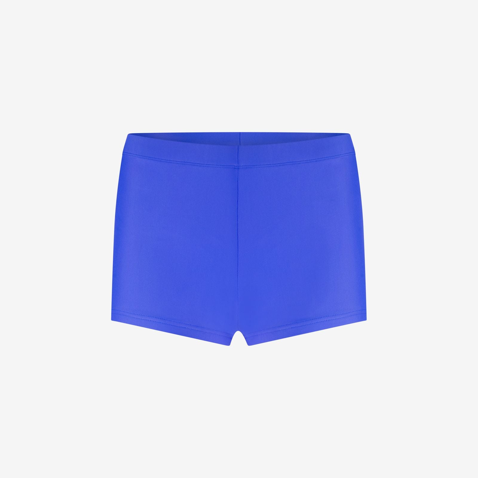 Cobalt blue women’s hot pant with flat waistband and seamless stretch design, ideal for water sports, on a white background