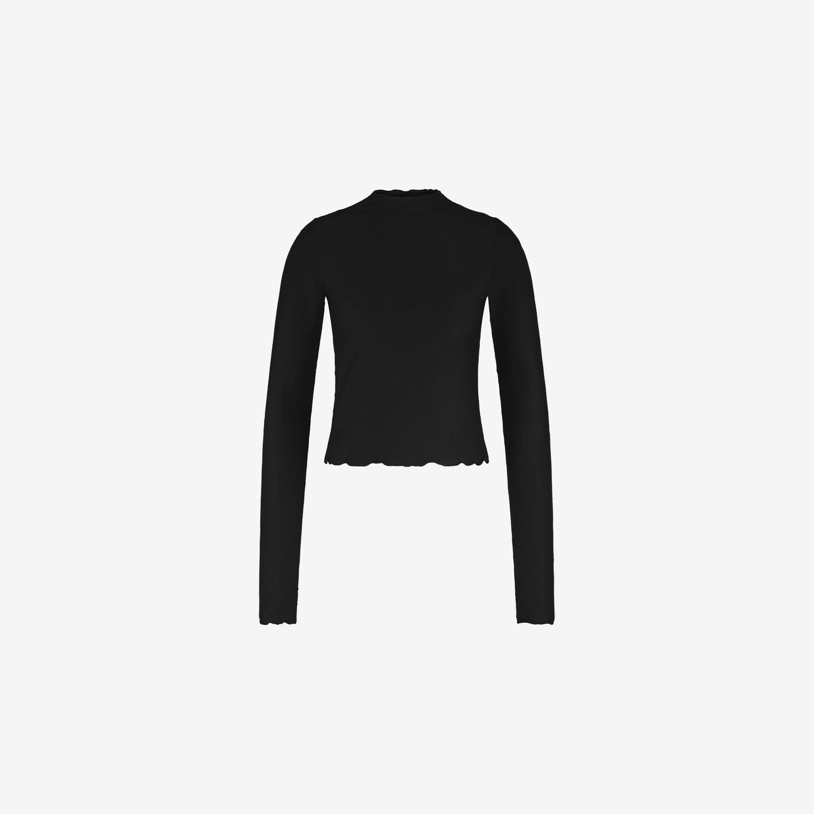 Black ribbed rash guard with long sleeves and wavy hem, designed for surf and water sports, on a white background