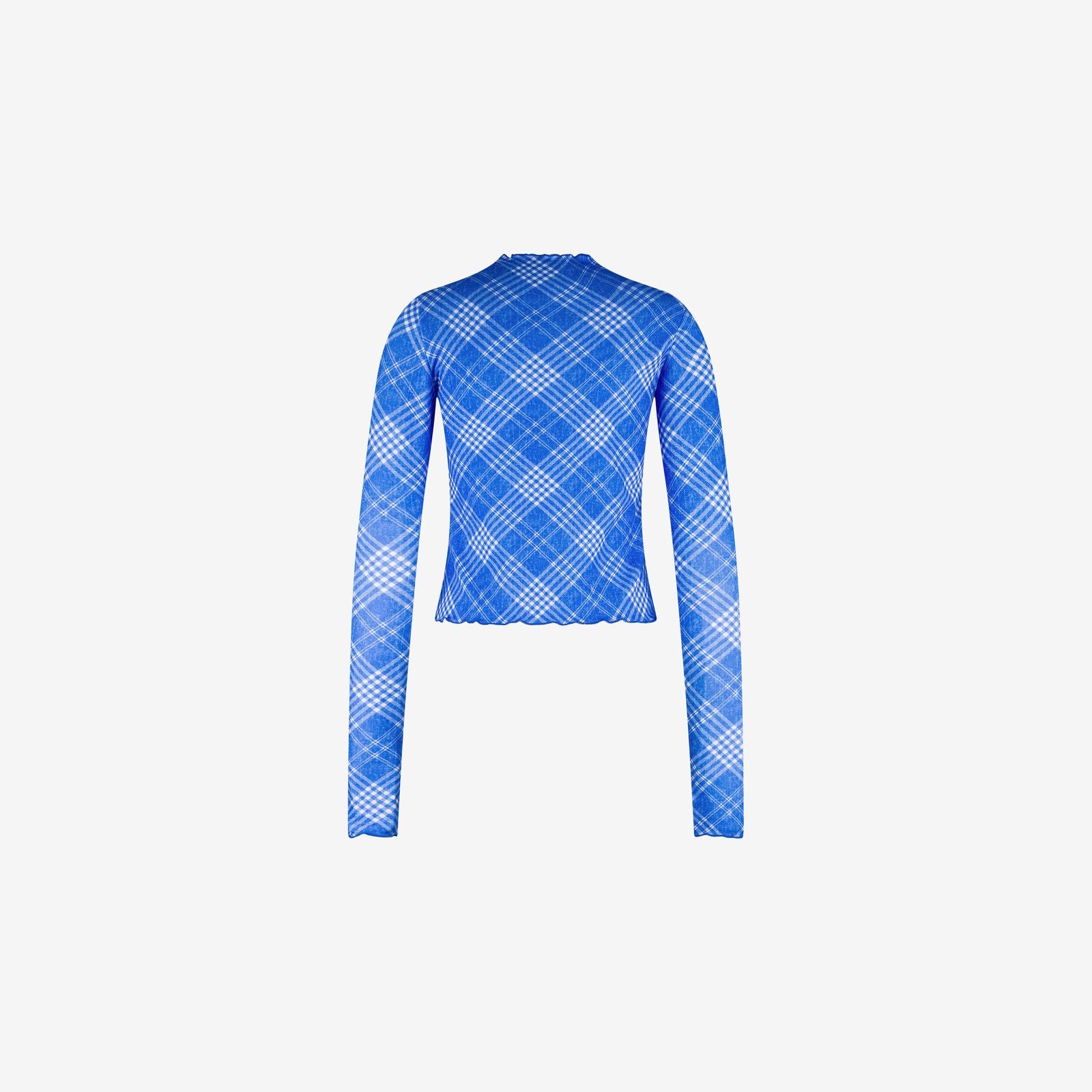 Back view of long sleeve rash guard in blue check pattern with fitted cut and soft textured fabric, on a white background