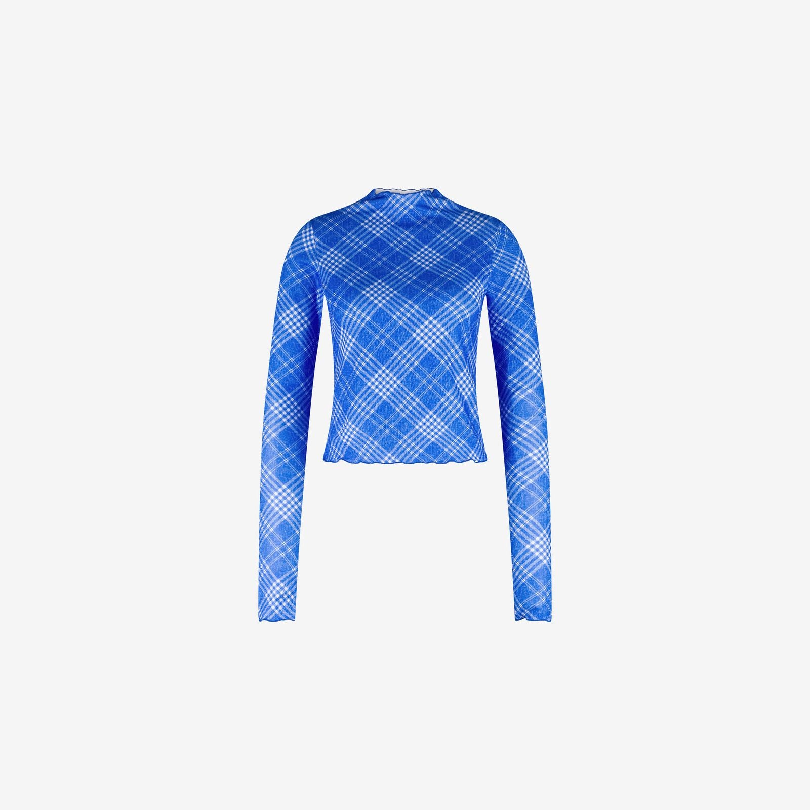 Blue check rash guard with long sleeves and high neck design, featuring soft stretch material, on a white background