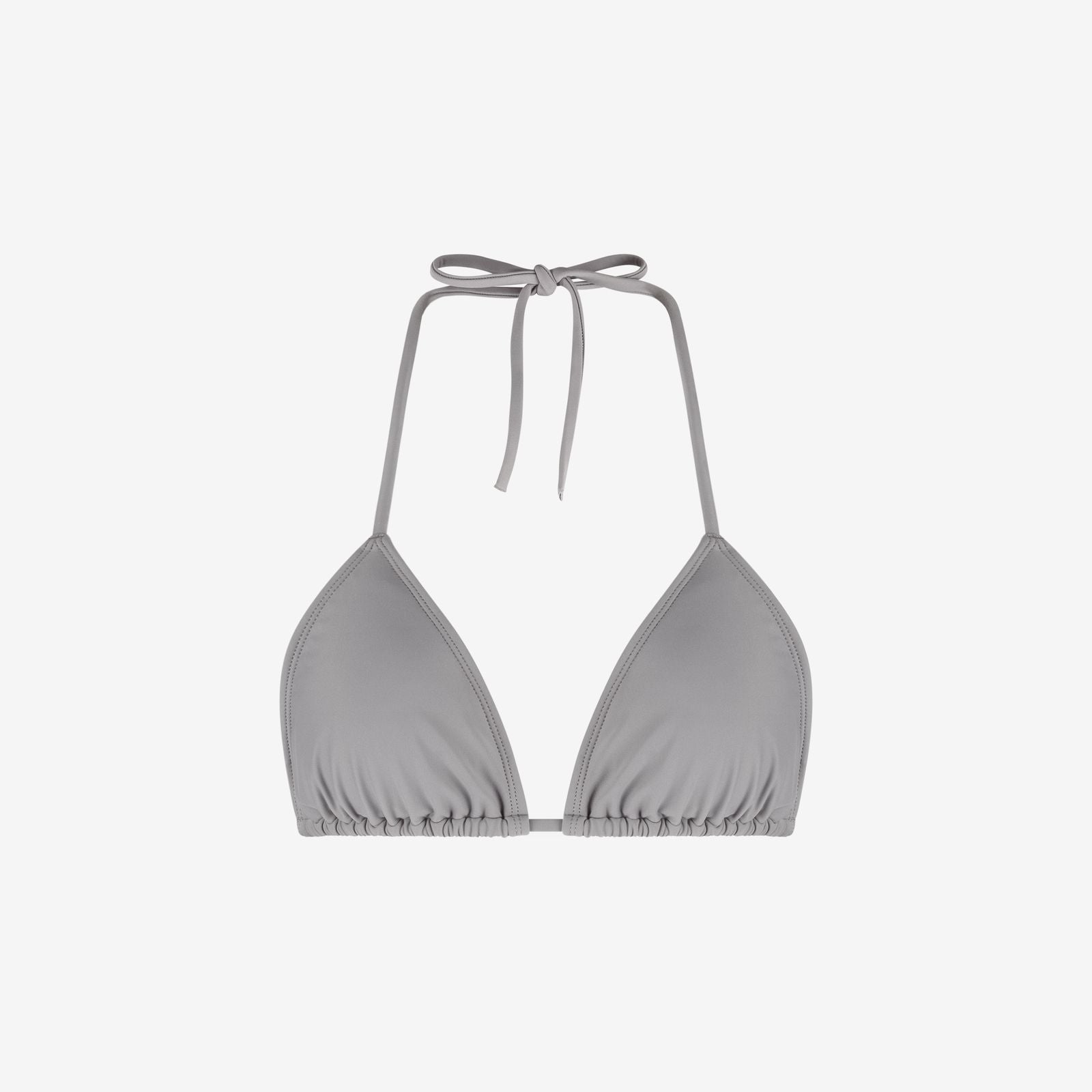 Seal Grey bikini top with triangle cups, adjustable halter ties, and gathered seams, active swimwear on a white background
