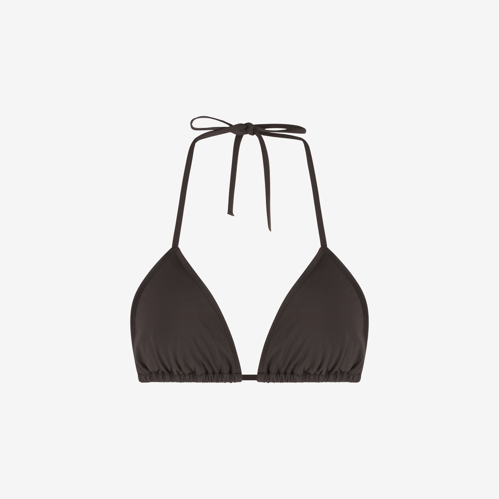 Coffee triangle bikini top with adjustable halter tie and ruched cups, designed for swim performance, on a white background