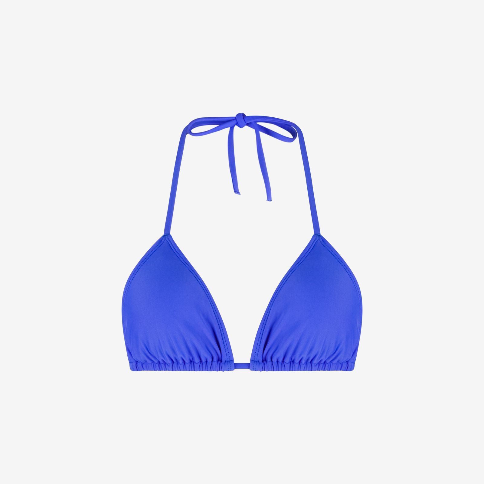Cobalt blue triangle bikini top with adjustable halter ties and ruched cups, matte performance fabric, on a white background