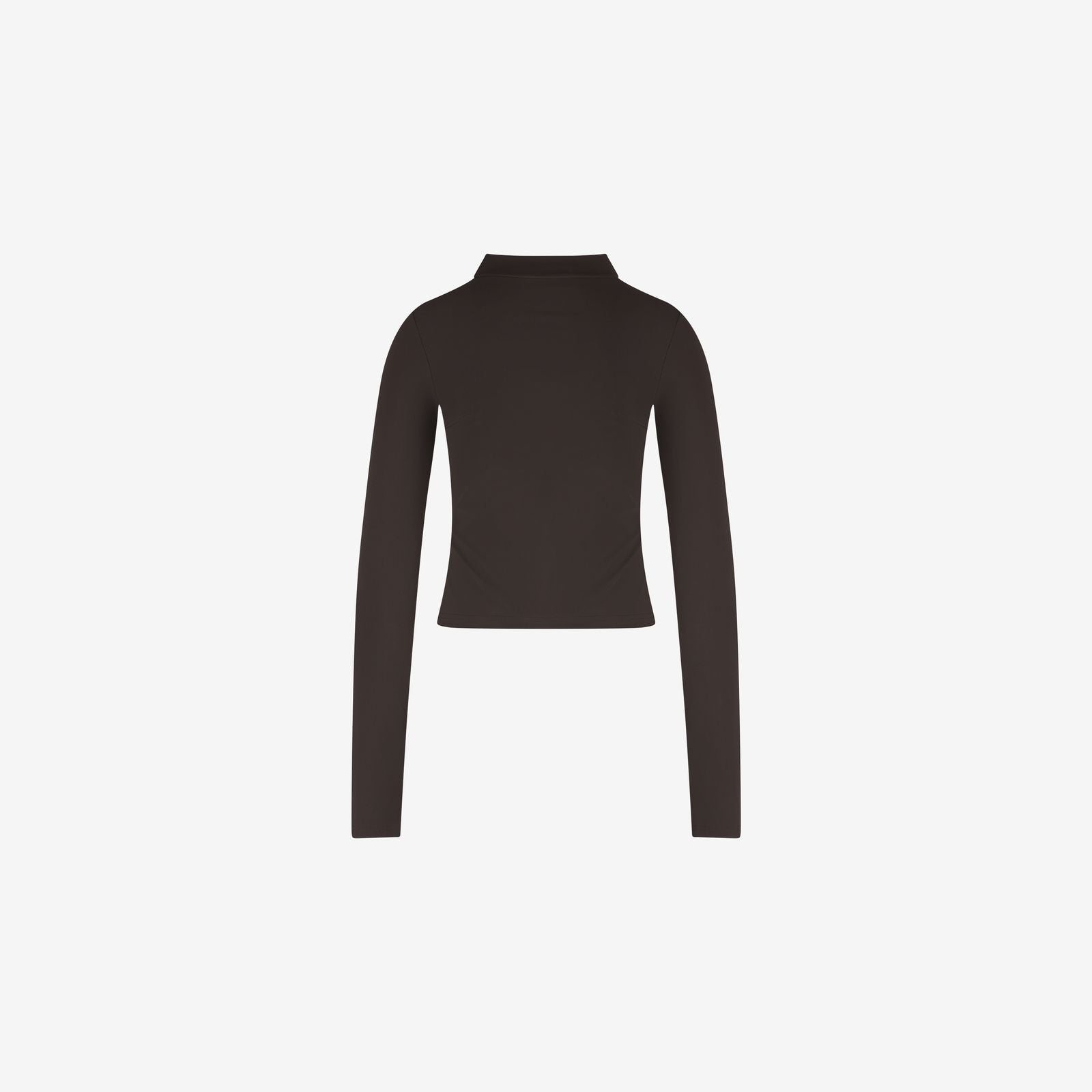 Back view of coffee brown rash guard with high neckline and seamless finish for surf performance, on a white background