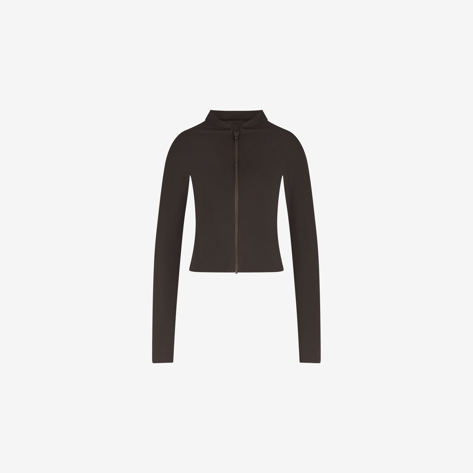 Coffee brown rash guard with full-length zip and long sleeves, ideal for women’s surfwear, on a white background