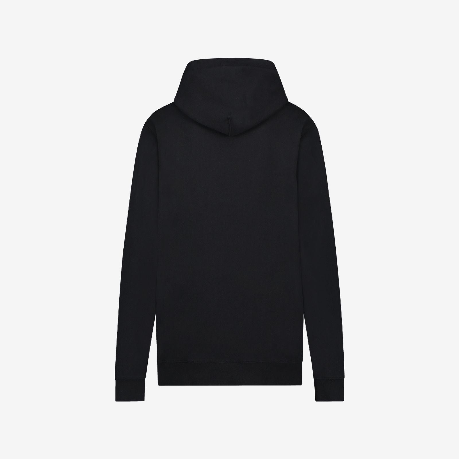 Back view of black eco-friendly Ocean Hoodie with hood and ribbed cuffs, minimal design for active sports on white background