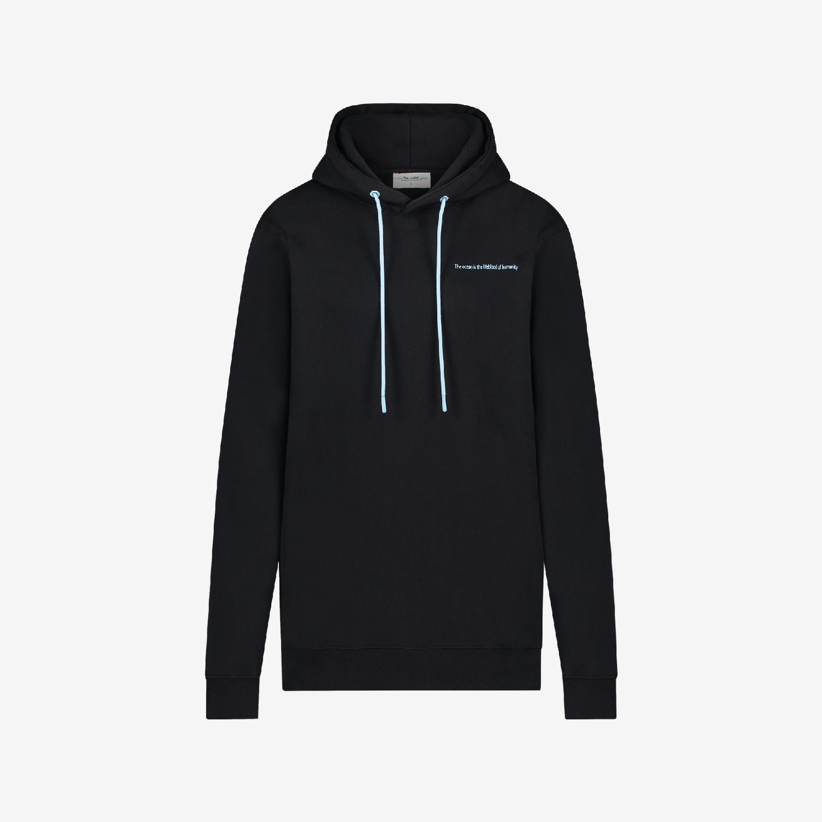 Black organic cotton Ocean Hoodie with blue drawstrings and chest text, WALLIEN branding on cuff, on a white background