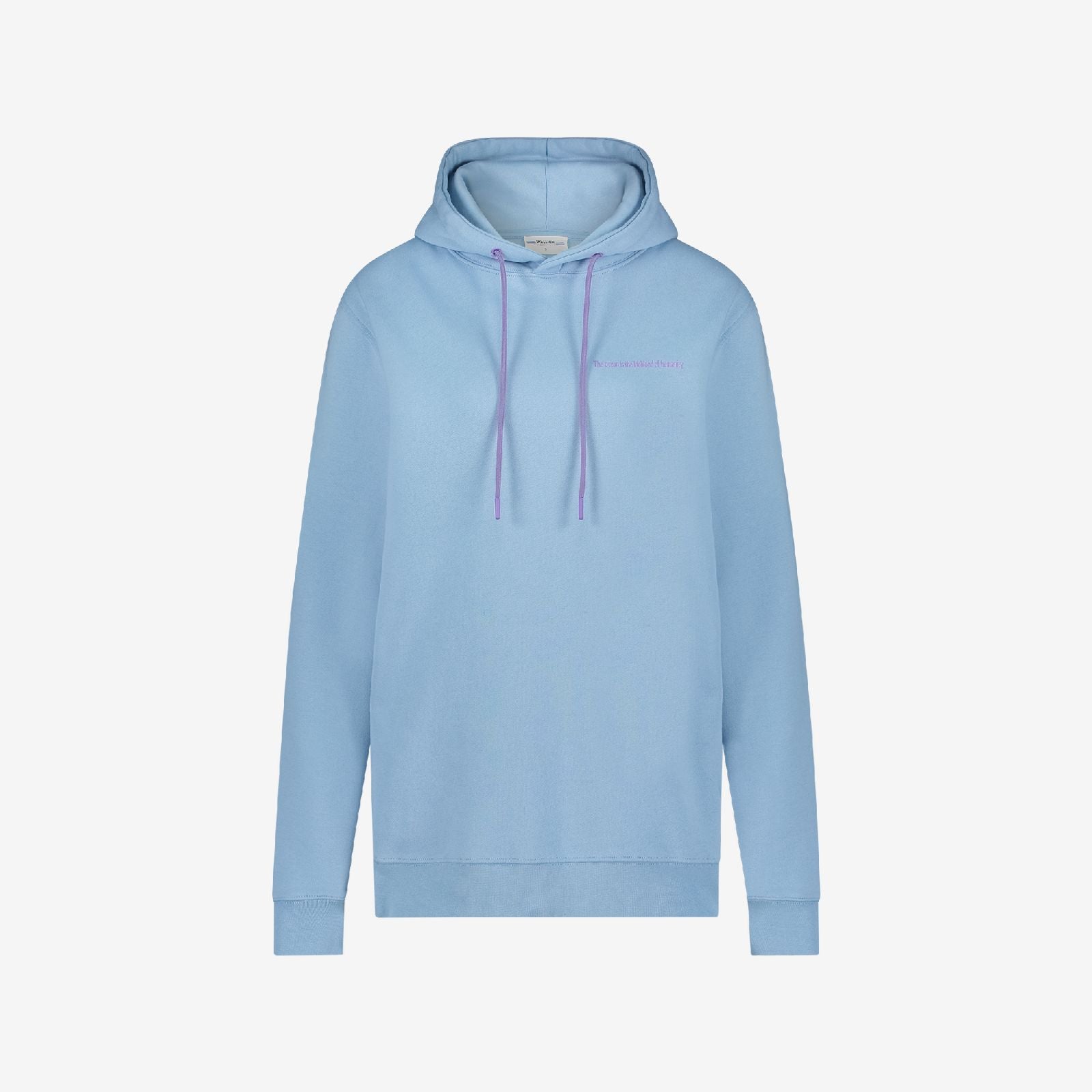 Light blue organic cotton Ocean Hoodie with lavender drawstrings and subtle chest logo embroidery, on a white background
