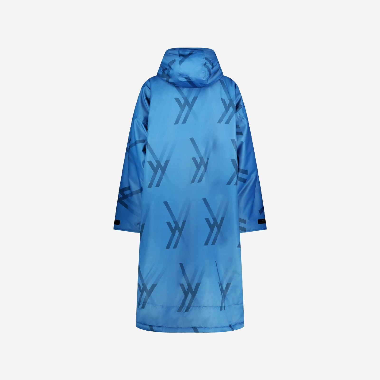 Back view of blue WALLIEN changing robe with all-over logo print and waterproof design, displayed on white background