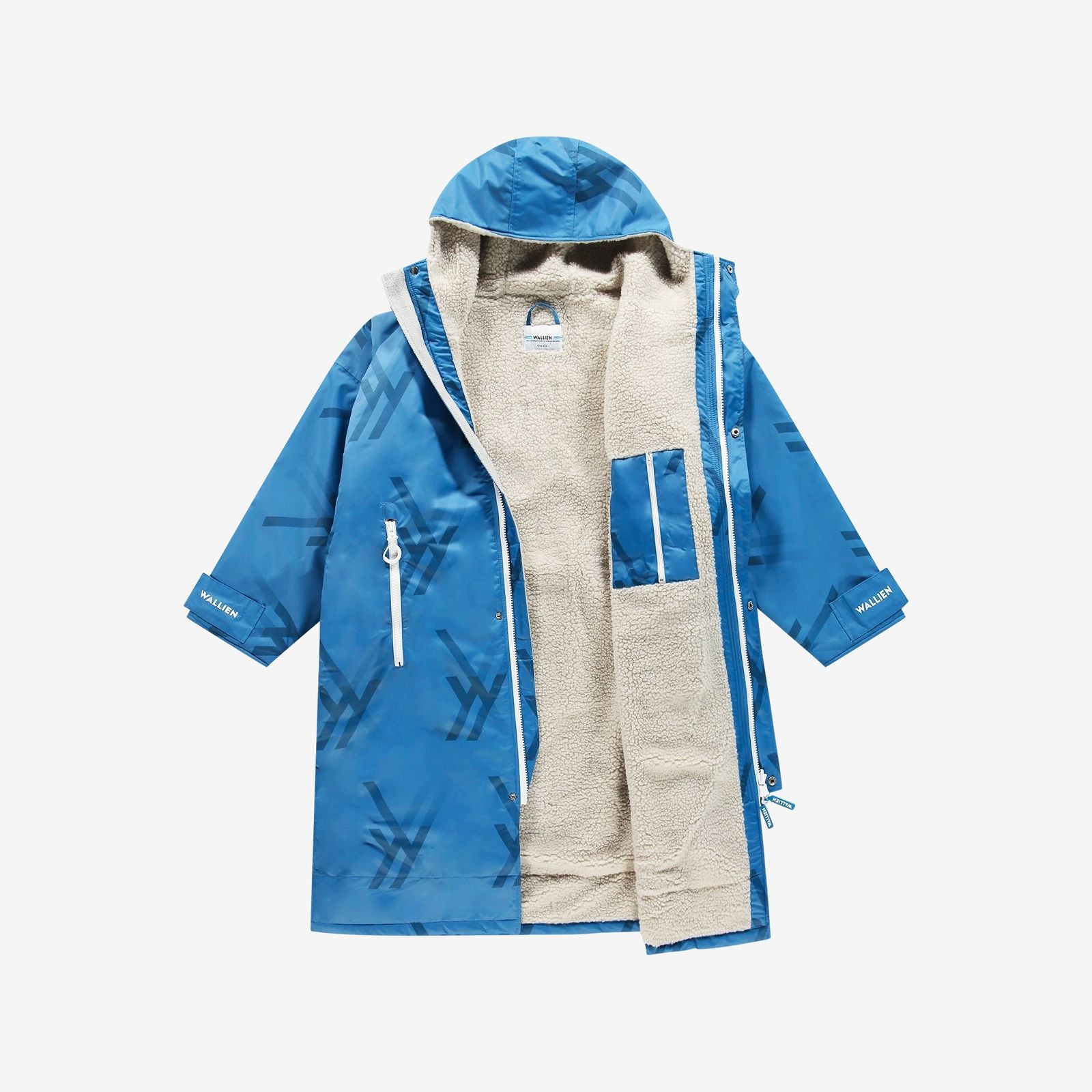 Blue WALLIEN changing robe with soft fleece lining, waterproof shell, front zip, and inner pocket, on white background