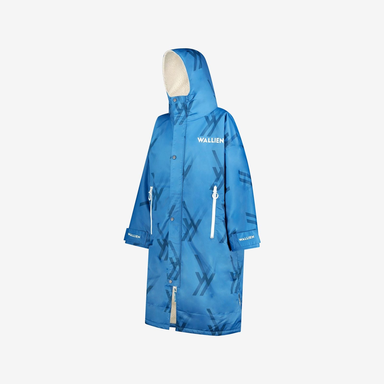 Side view of blue WALLIEN changing robe with branded sleeve, hood, and zip pockets, shown on white background