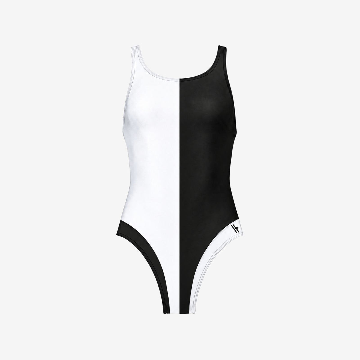Liberty Racerback Swimsuit High Cut in Black / White, women's colour block one-piece, front view on a white background