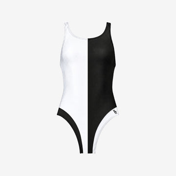 Liberty Racerback Swimsuit High Cut in Black / White, women's colour block one-piece, front view on a white background