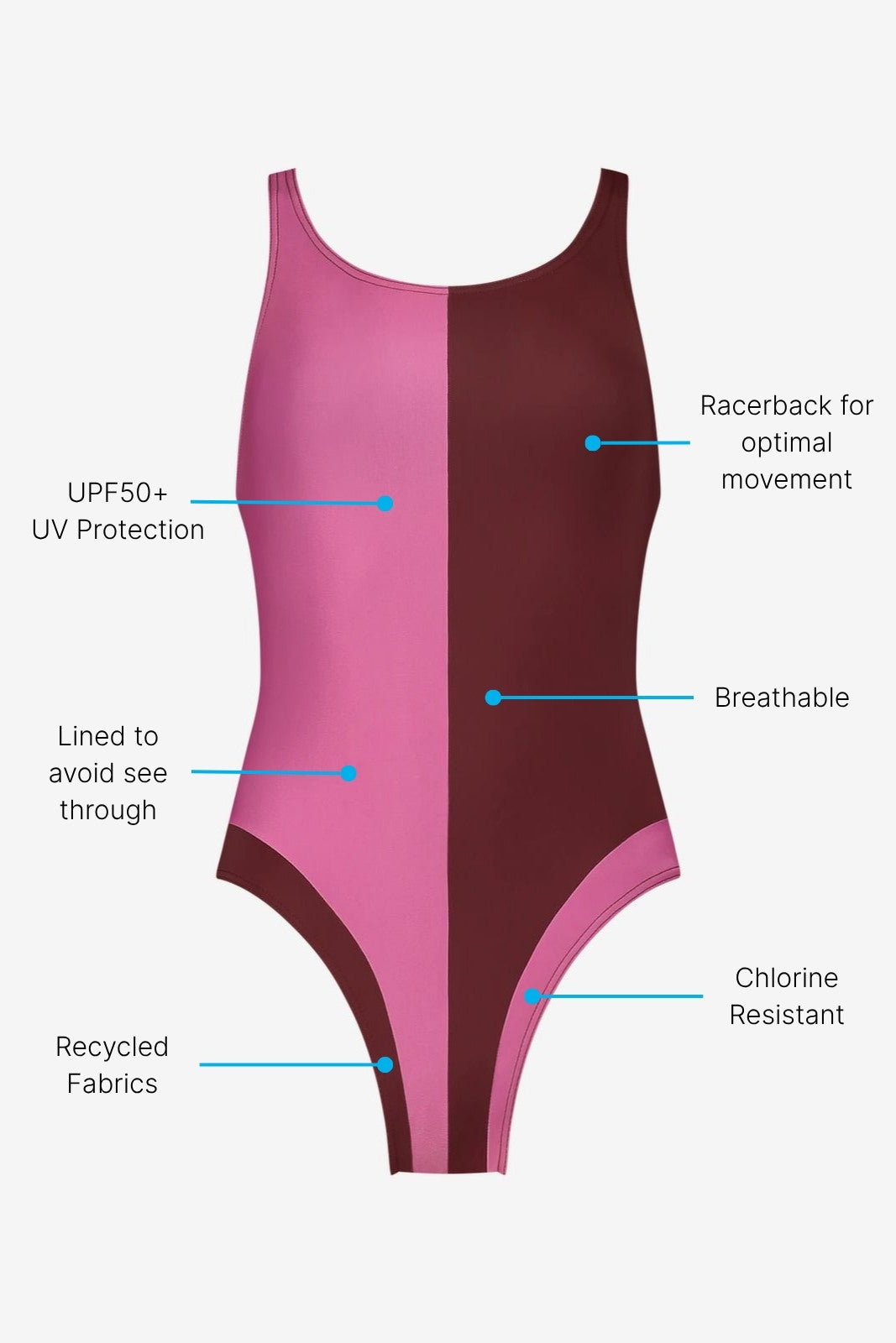 Red and pink high-cut swimsuit with scoop neck and color block design, made for women’s swim training, on white background