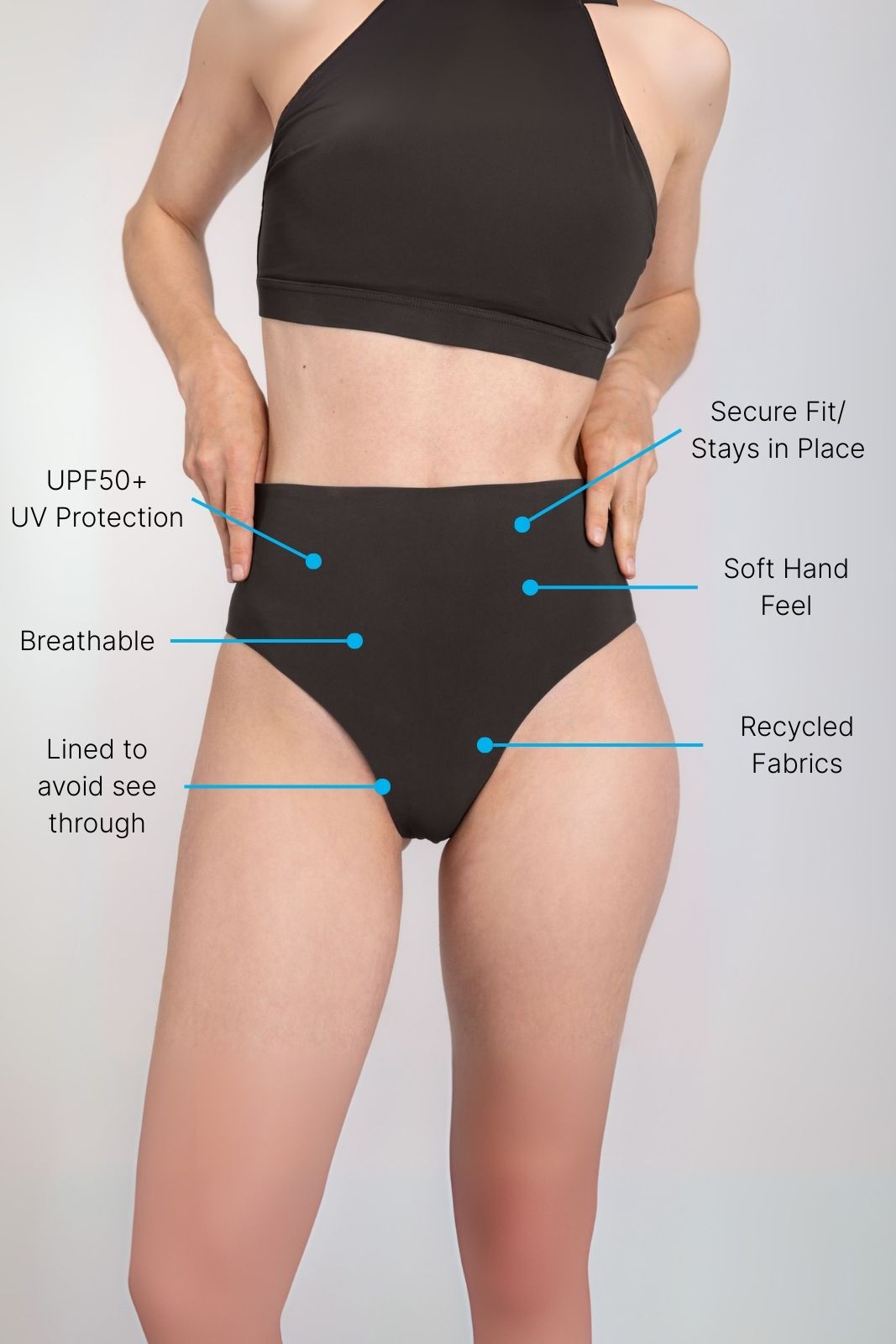 Detail close up of eco-friendly high waist coffee bikini bottom with stretch fabric and sleek finish, on white background