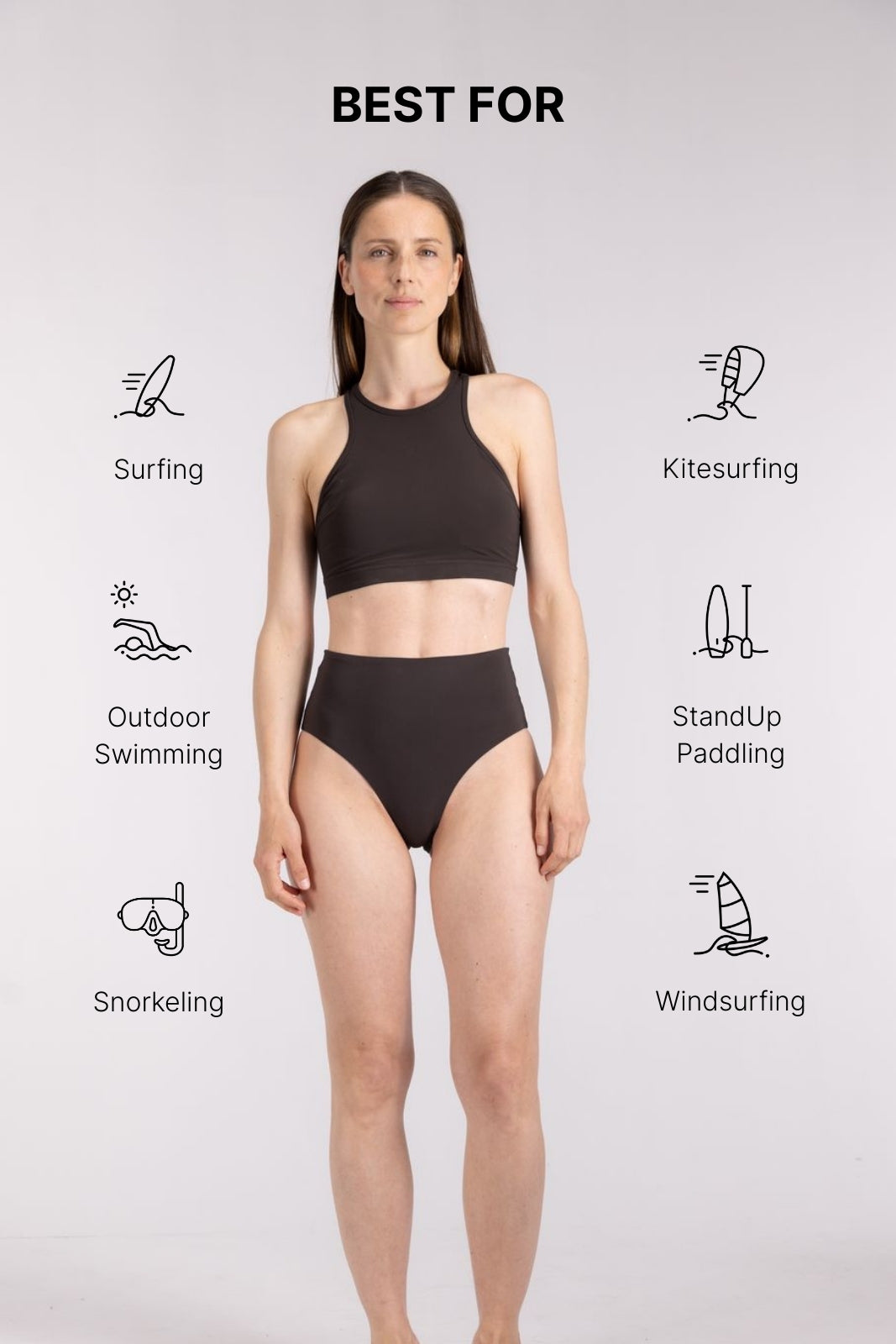 Full body view of woman wearing WALLIEN coffee high waist bikini bottom made for surfing and water sports, on white backdrop