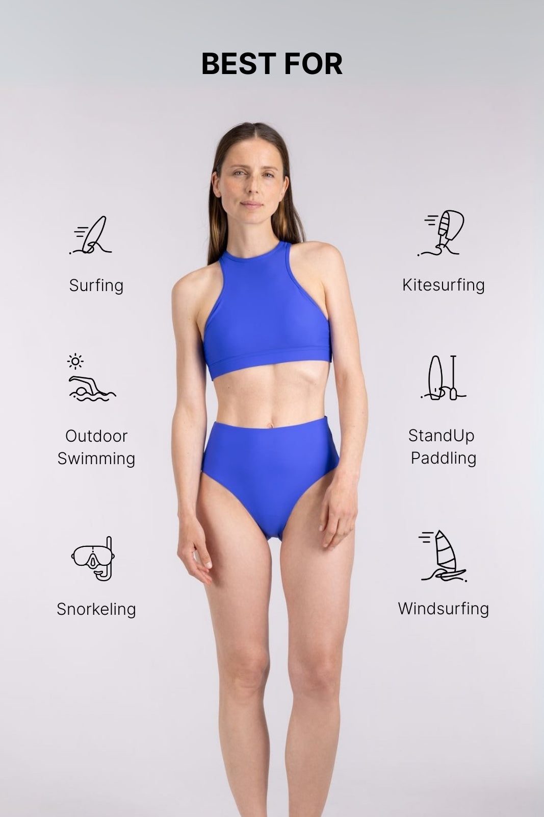 Full-length view of cobalt blue high waist bikini bottom, designed for water sports and beach comfort, on studio background