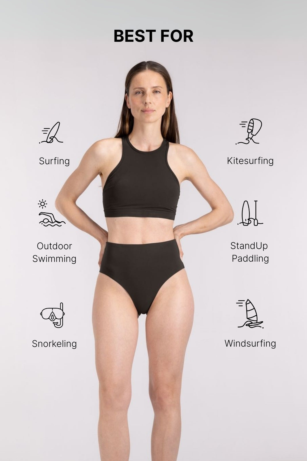 Athletic model in WALLIEN racerfront bikini top and bottom in coffee, designed for active water sports, neutral background