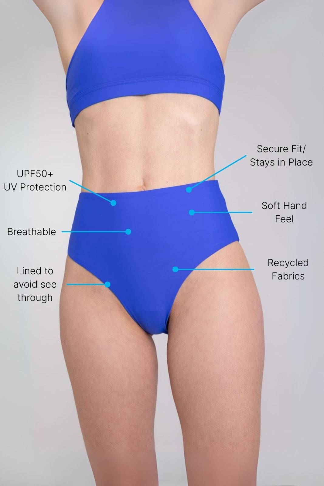 High waist cobalt blue bikini bottom for women’s active days, styled with stretch fabric and sleek finish, studio background