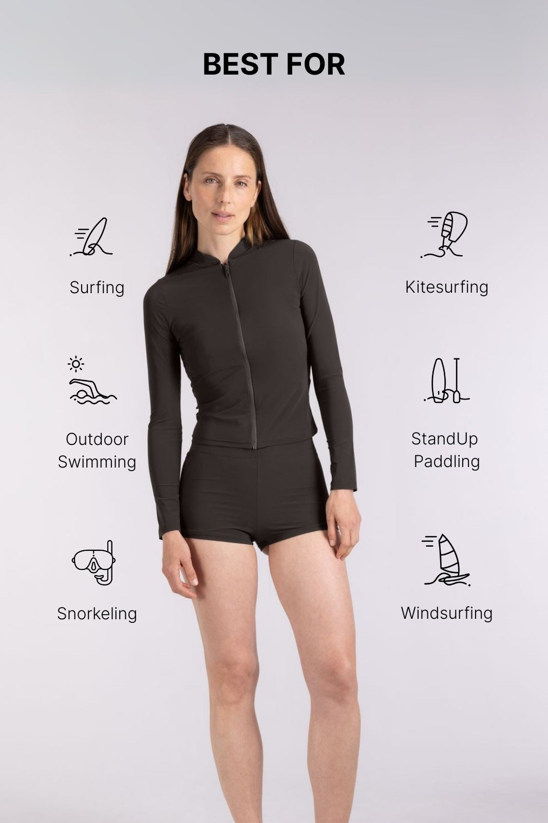 Full-body shot of woman in WALLIEN Rash Guard With Zip in Coffee, designed for surf layering, white studio background