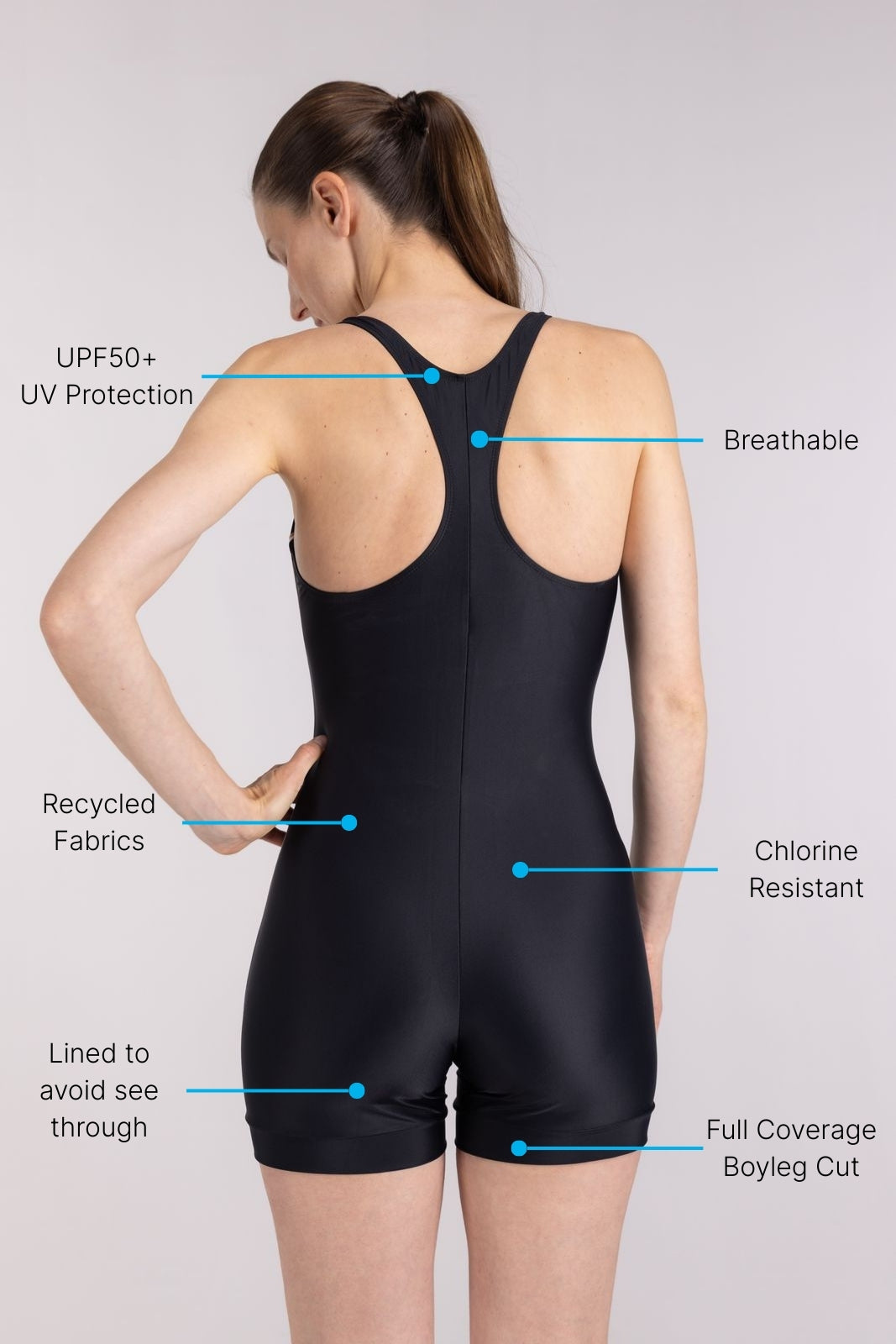 Rear view of black WALLIEN one piece boyleg swimsuit with racerback design, model posing confidently on studio background